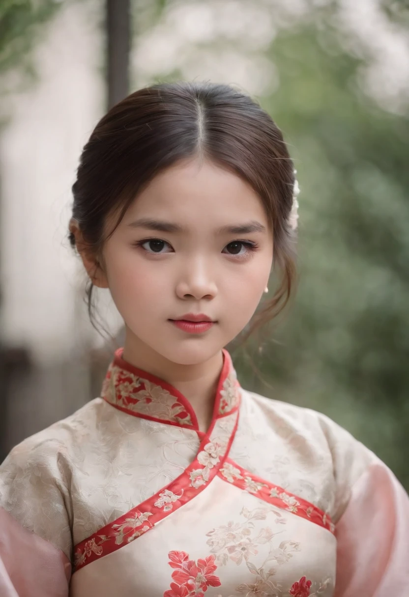A little girl，Hold your arms，Frowning，Staring at you angrily，Pouting angrily，Floral half-sleeved cheongsam，Cute fat girl，a ball head