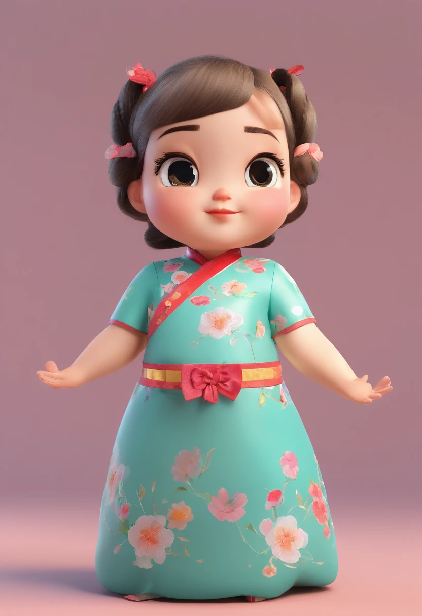 A little girl,Hold your arms,Frowning,Staring at you angrily,Pouting angrily,Floral half-sleeved cheongsam,Cute fat girl,a ball head