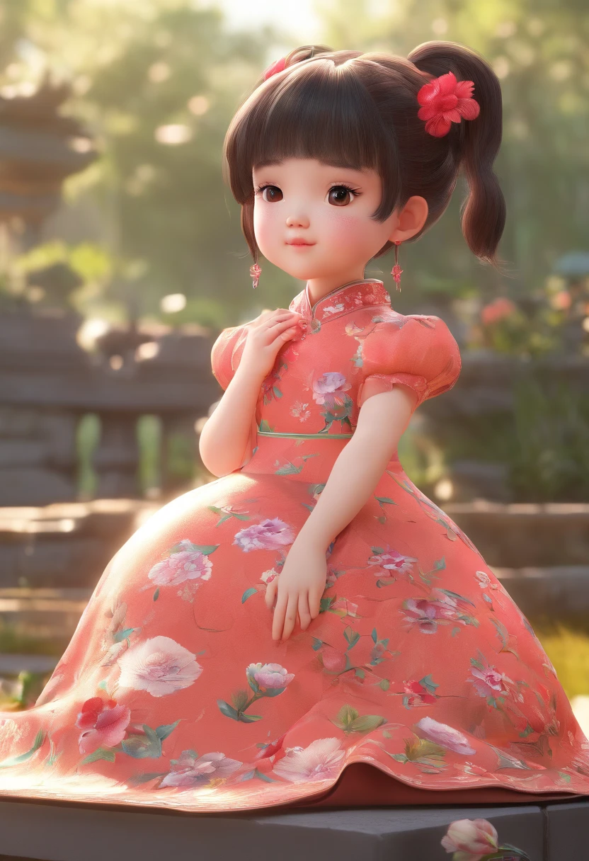 A ，Hold your arms，Frowning，Staring at you angrily，Pouting angrily，Floral half-sleeved cheongsam，Cute fat girl，a ball head