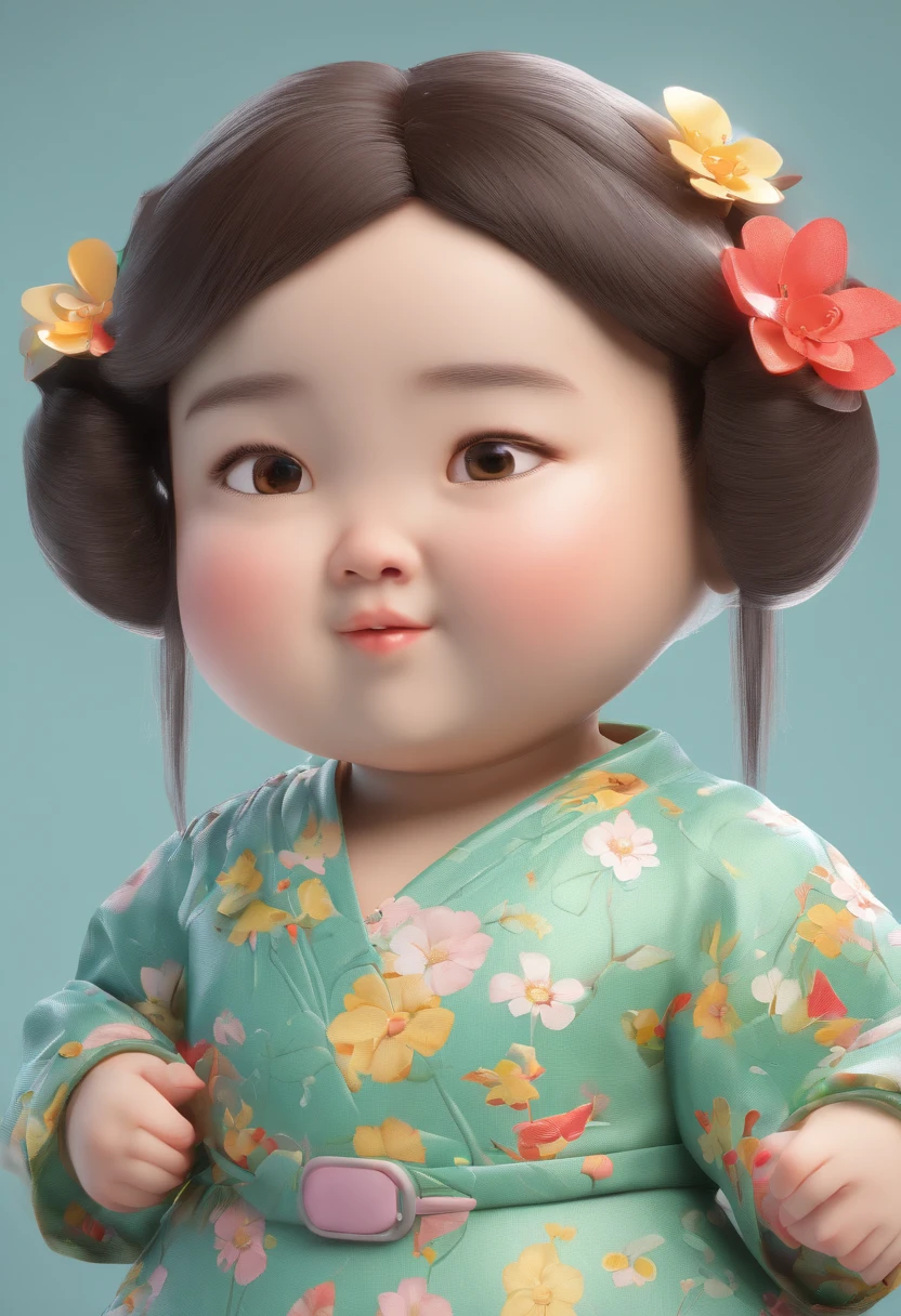 A ，Hold your arms，Frowning，Staring at you angrily，Pouting angrily，Floral half-sleeved cheongsam，Cute fat girl，a ball head