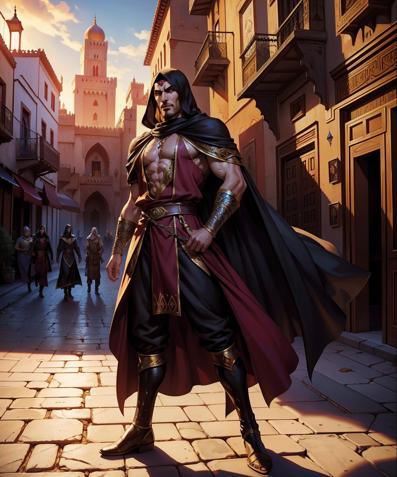 Moroccan Arab Castlevania shadows hyper realistic super detailed faces Dynamic shot masterpiece of the Arab Lord Dracula scenes movie Epic Legendary perspective environment of Lord Dracula in a Moroccan city talking to Moroccans hyper realistic super detailed poses scenes hyper realistic movie different shots
