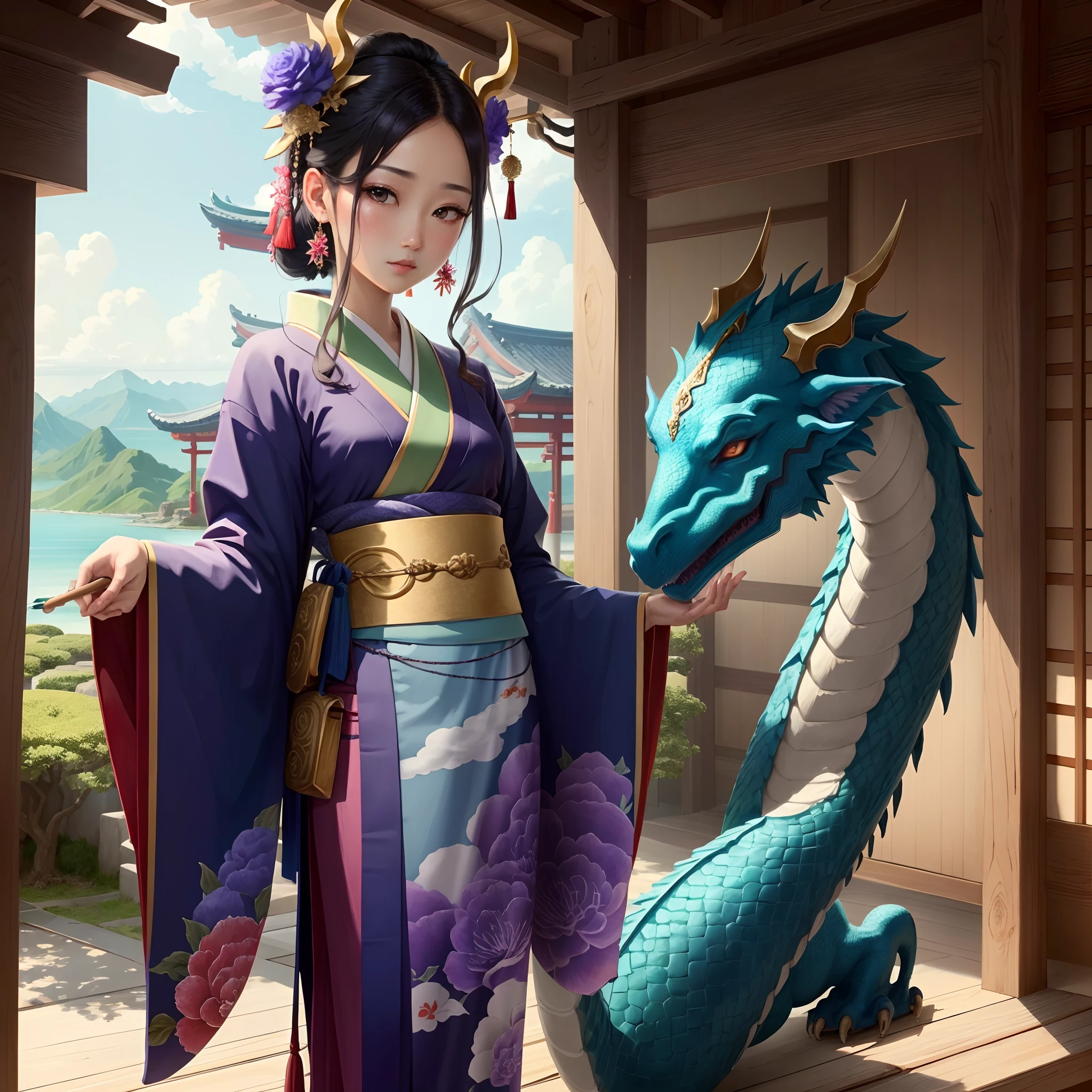 Dragon God in the background、Kimono is a gradation of blue and purple、Princess Seoritsu、God of Japan、Fantastical