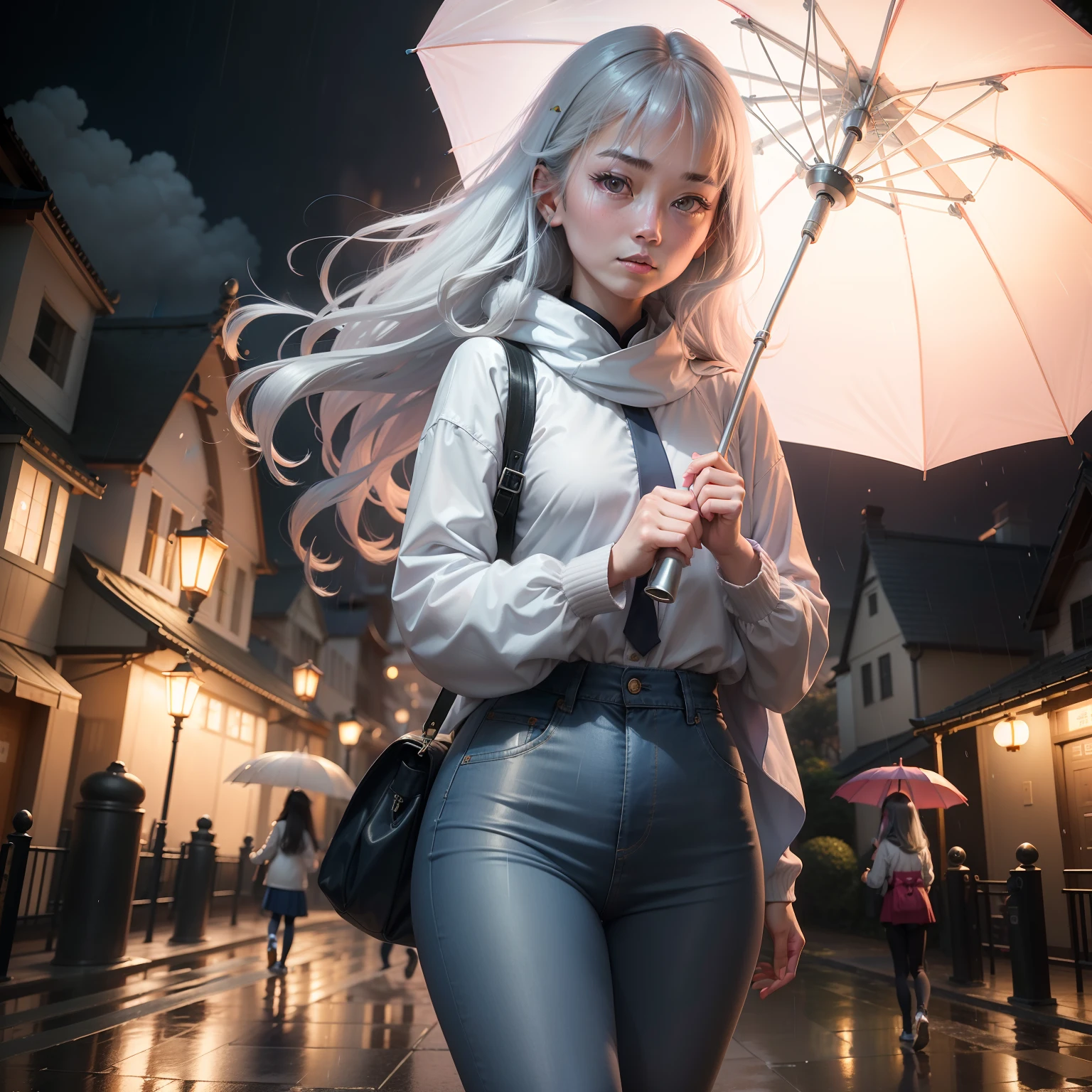 On the rainy playground, the girl hit the umbrella above her head, and held an umbrella in her other hand, blue denim leggings, masterpiece superb night moon full moon 1 female mature woman, Chinese sister royal sister cold face showing silver white long hair woman light pink lips calm intellectual three banded gray elementary school student assassin lantern lantern flower ball background strolling street scene, long hair shawl,