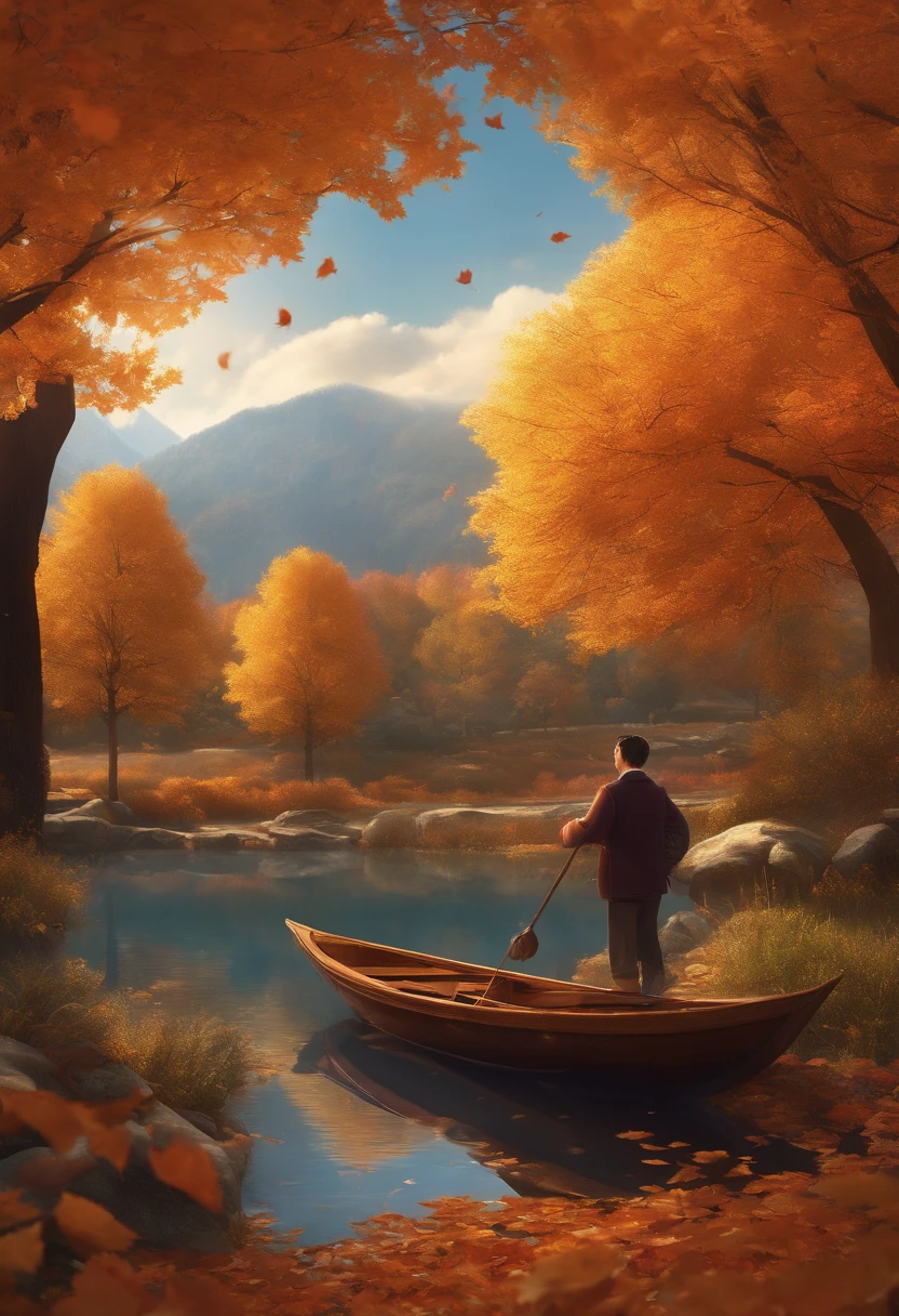 A young man named Weiban loves to sing at night、In the autumn season live in their own room。masutepiece, Best Quality, (8k wallpaper of extremely detailed CG unit) (Best Quality), (Best Illustration), (Best Shadows) Small paper boat sailing on the lake, Sun'rays,Draw a picture that depicts the colors and landscapes of autumn nature。NP、Trees with autumn leaves々、Pumpkin field、Autumn twilight、It is a good idea to incorporate ginkgo trees and the like.。pure、Items and animals that make you feel the signs of autumn、Try to incorporate food and other things into your drawings.。