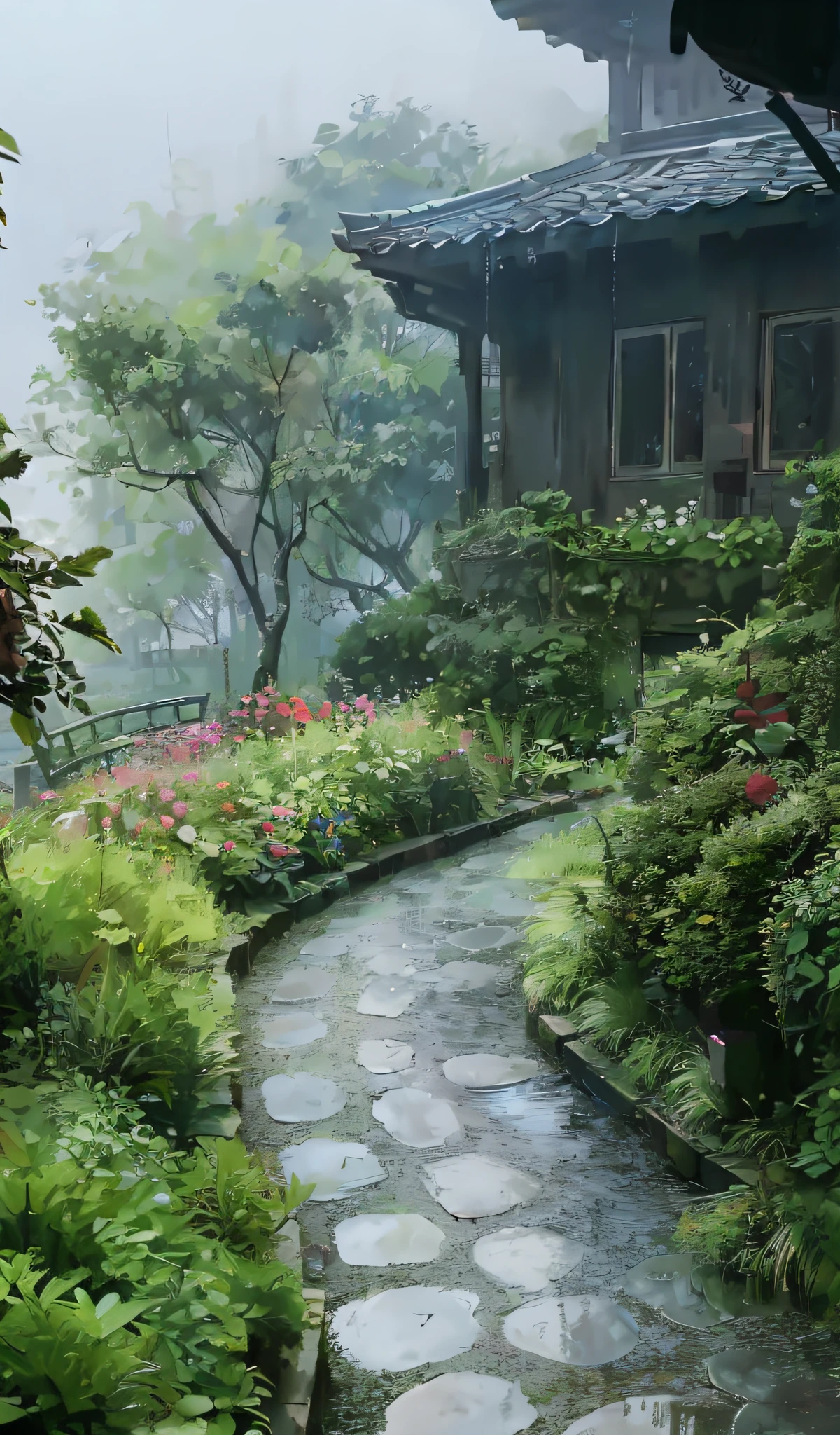 An ancient building in the background, Fog, Garden, Soothing scenery, Garden landscape, a wild profusion of vegetation, Green plant cover, Ancient Garden, Ancient architecture Landscape painting