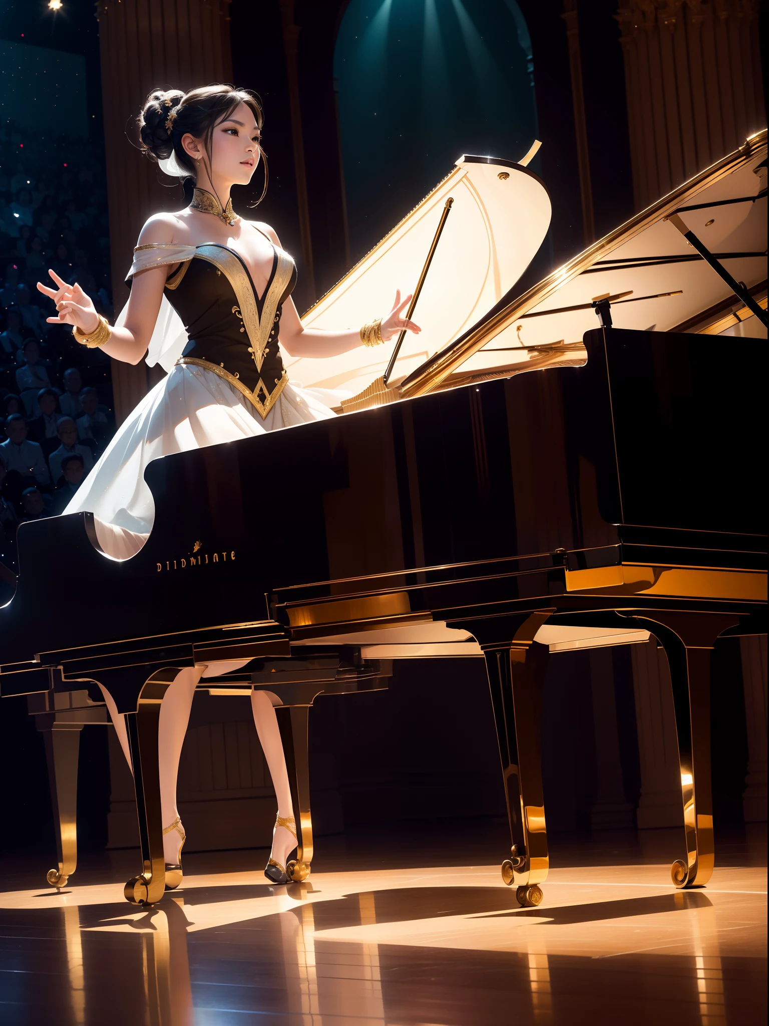 (best quality,4k,8k,highres,masterpiece:1.2),ultra-detailed,(realistic,photorealistic,photo-realistic:1.37),grand piano,shiny black surface,ornately carved legs,gleaming white keys,elaborate gold accents,melodious music,impressive stage setup,professional pianist,gorgeous concert hall,enthusiastic audience,dramatic lighting,gentle spotlight,focused pianist's hands,splendid performance,harmonious melody,vibrant music notes,captivating atmosphere,elegant musician,great passion,perfect technique,powerful emotions,artistic interpretation,expressive facial expressions,graceful body movements,fascinating music compositions,sweeping melodies,fast-paced rhythm,gripping performance,synchronized ensemble,inspiring solo piece,beautiful stage decorations,sophisticated backdrop,starry night sky,soft moonlight streaming through windows,magical ambiance,intricate patterns on the floor,colorful stage costumes,enchanted audience,overwhelming applause,standing ovation.