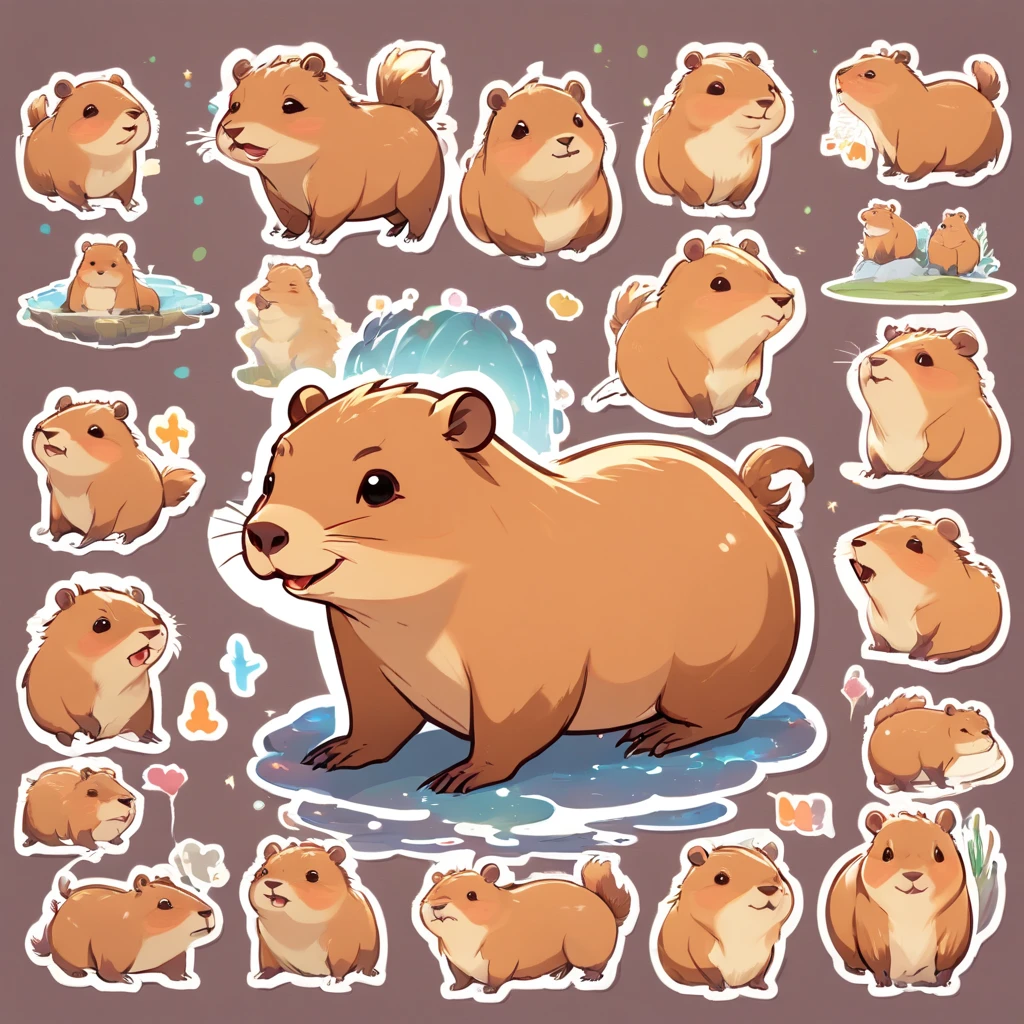 sheet of capybara stickers,multiple poss and expressions ,a individual UI design app icon UI interface [happy,angry,sad,cry,cute,expecting,laughing,dispointed],f/64 grouprelated characters