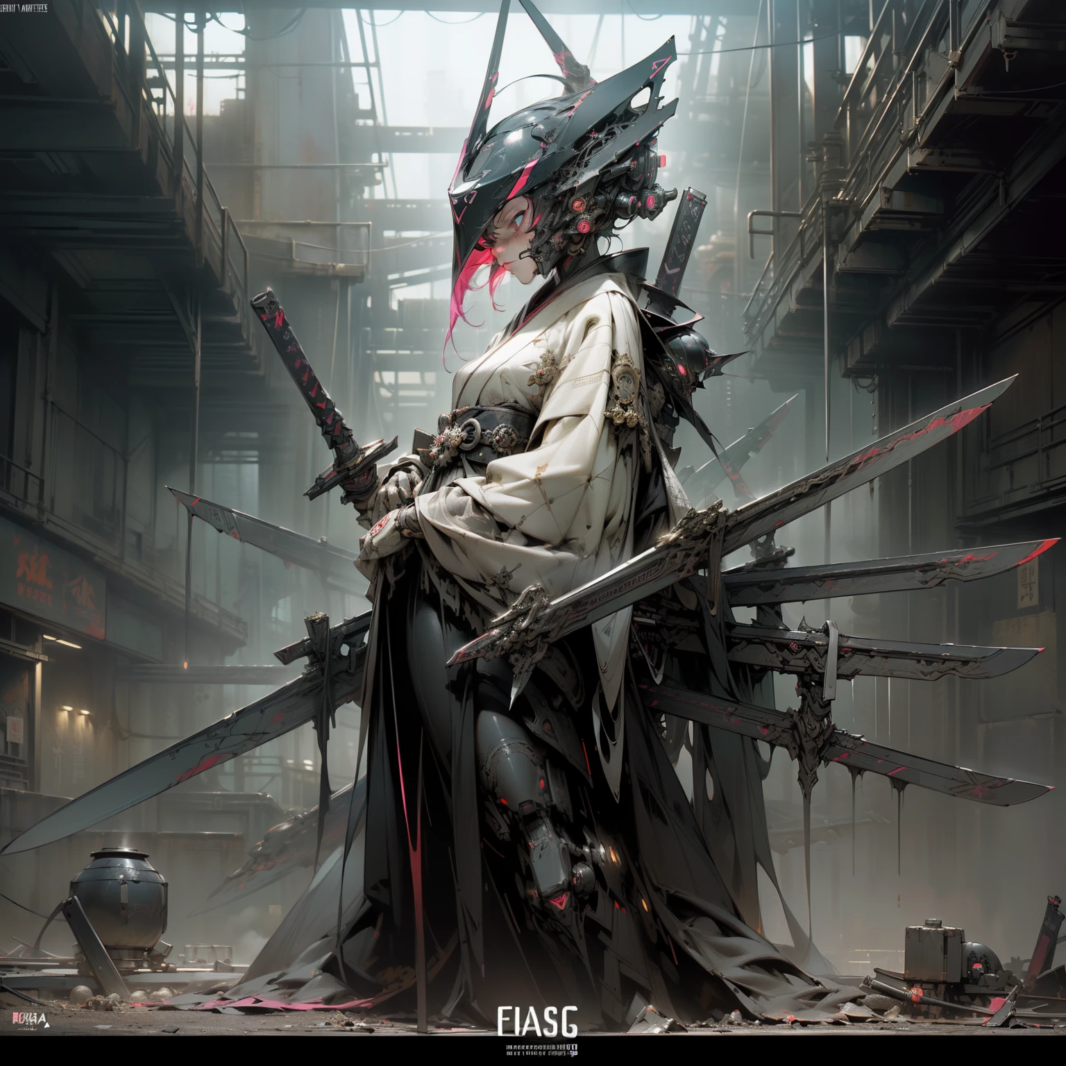 (​masterpiece、top-quality、top-quality、Official art、Beautifully Aesthetic:1.2)、(1girl in)、ighly detailed、(Fractal Art:1.3)、colourfull、Best Detail Future City, Cyberpunk, Violence, decadence, Future Society, Ocean Sea Artbot (((Best Quality))), ((masutepiece)) Full body, Femme Fatale Cyborg Assassin, (((With countless swords))) With black glossy futuristic mask, Dark grey metal body armor, Wear ((Traditional black kimono, Neofuturistic visual aesthetics, ((Perfect robotic eyes)) ((perfect symmetry)), Perfect face, Perfect body, Detailed white ink body art, dark palette, Black Neon Tips, Neo-Noir Japanese, Colorful tag graffiti on metal body frame and helmet, Dark Neo Noir Cyber, The composition is dark & A future with a retro 80s retro twist & Visual aesthetics of synthwave, Sci-fi horror, Dark sci-fi horror overtones, Dark apocalyptic building dark ominous clouds, Dystopian atmosphere, Dash's (Dark pulp surrealism), Undeservedly beautiful, cgsociety, Low fidelity dark grunge core, neon noire, Apocalypse Art, Dystopian Art, Sabatier Filter, Cinematic lighting, dieselpunk, Black ink splatters and oil grunge, enigmatic, Forbidden art, Perfect composition, Fits within the frame, Strangely ominous, Nightmare fuel, Intricate details,Neon Horror St...3D Unreal Engine Rendering, A dark story is unfolding,