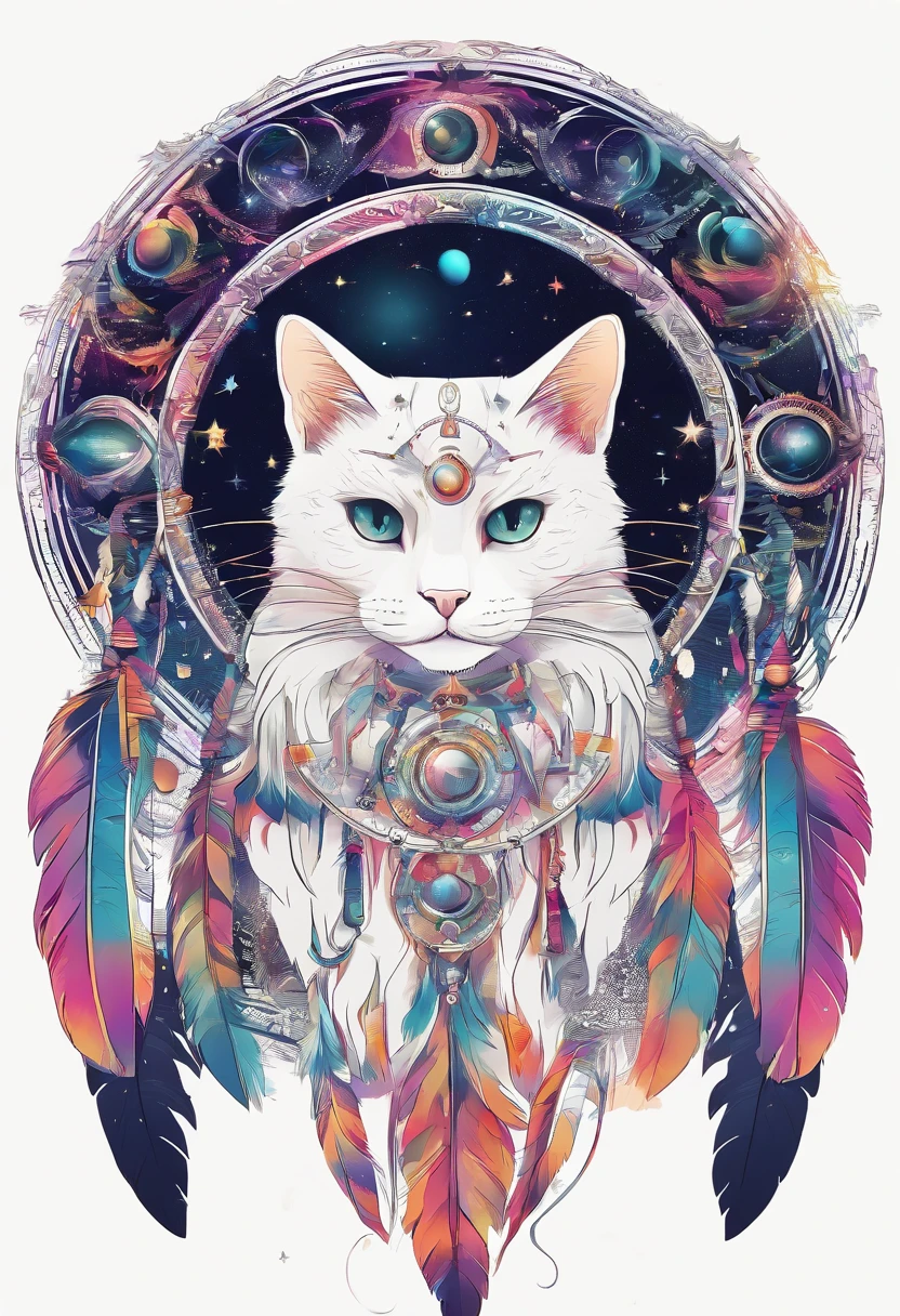 （White cat in the circle of colorful dream catchers），"T-shirt design with circular silhouette of cat face, Crescent, and stars in the