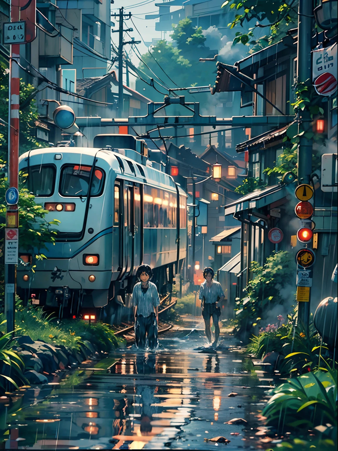 1boy,Man's ,a wet body、Anime-style protagonist、Cyberpunk Boy、The beginning of the adventure、(drenching:2)、Lots of clouds、Chaotic city of the future、ruined and devastated city、Very complex Japan buildings、railroad crossing、Trees、Blue lighting,Lots of puddles、Chaotic landscape、Beautiful and fantastic scenery、Cinematic scenery、hightquality、masutepiece,8K、hight resolution、ultra-detailliert,Studio Ghibli、