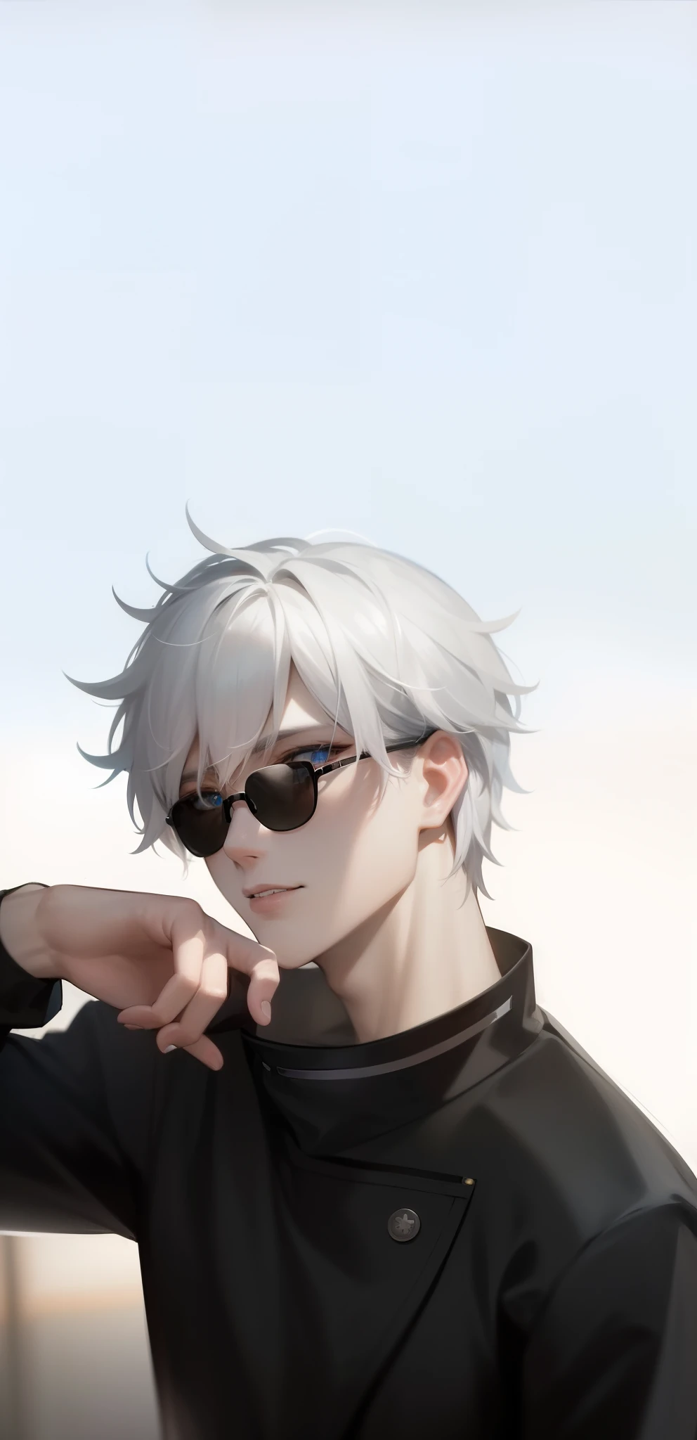 asian guy posing, mascular, white hair, black hoodie, black sun glasses, blue eyes