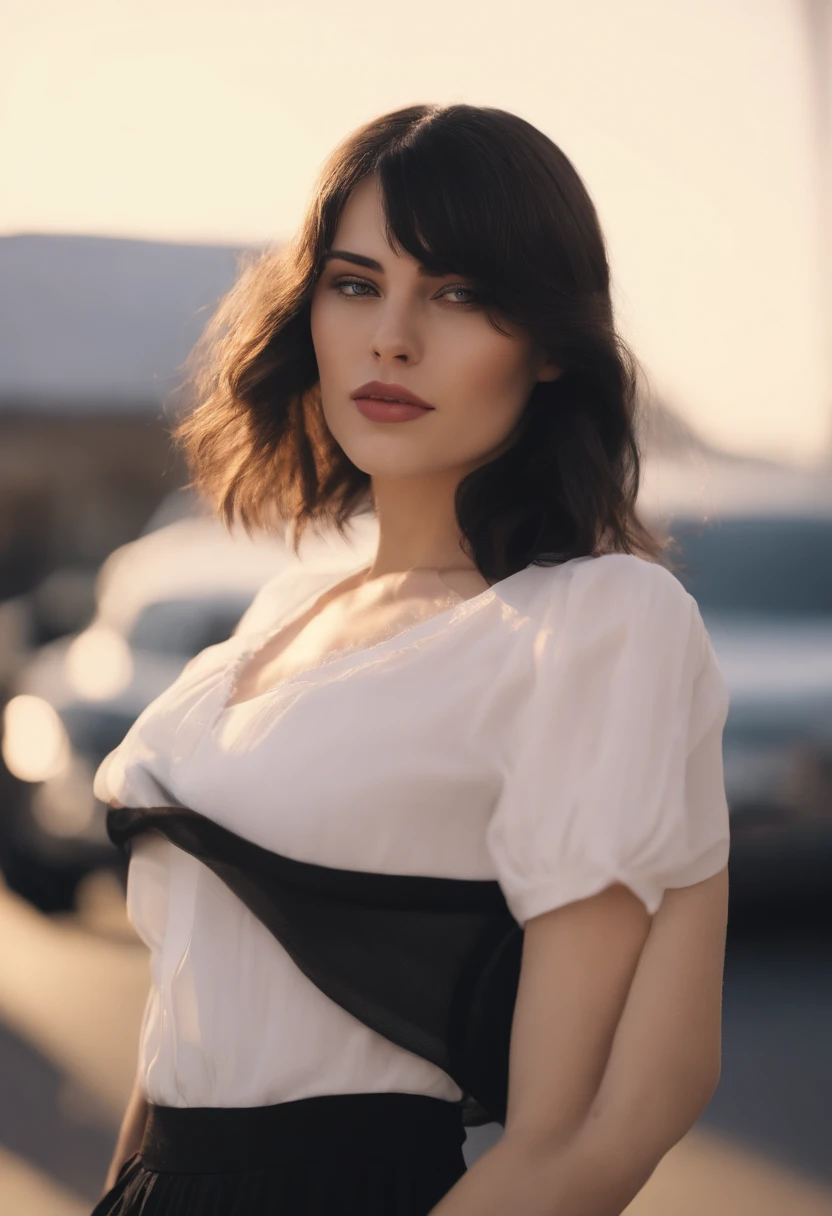 A 19 year old girl with a medium long flowy black hair with bangs cover both ears, and part of both cheeks like leon kennedy, with medium unshaven beard, white reddish skin looks like milk, grey piercing eyes with strong striking gaze, wear glasses, tender smily expression yet still look pretty and innocent without single wrinkle, a little chubby cheek, pink lips, wearing white shirt and black skirt, background dark office, Edward Robert Hughes art style, warm color grading, rear projection, light leaks, golden hour, long exposure, lens flare, close-up shot, extreme close-up, realistic style