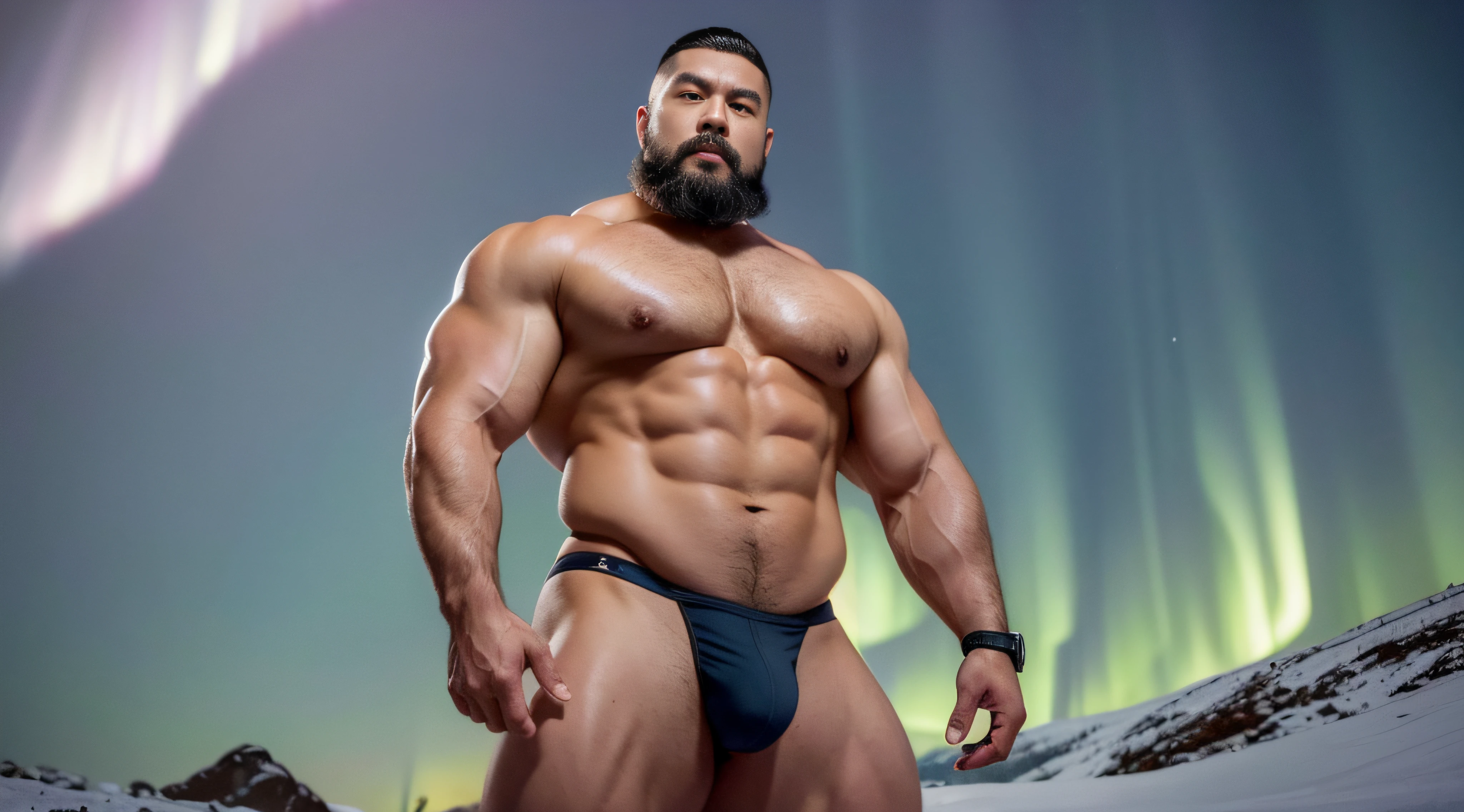 (Extremely detailed 8k wallpaper), A strong Chinese man in a white thong stands alone on a snowy mountain,There are beautiful auroras,High detail, short detailed hair,Short beard perfect figure with tattoos, Very huge and strong body, Bulging muscles, musculous, Very large pectoral muscles,Very sexy abs,The legs are muscular,Tall and mighty,Exposed Body,Tall and burly,toned figure,Huge raised genital area,Brightens oily skin,Muscular。