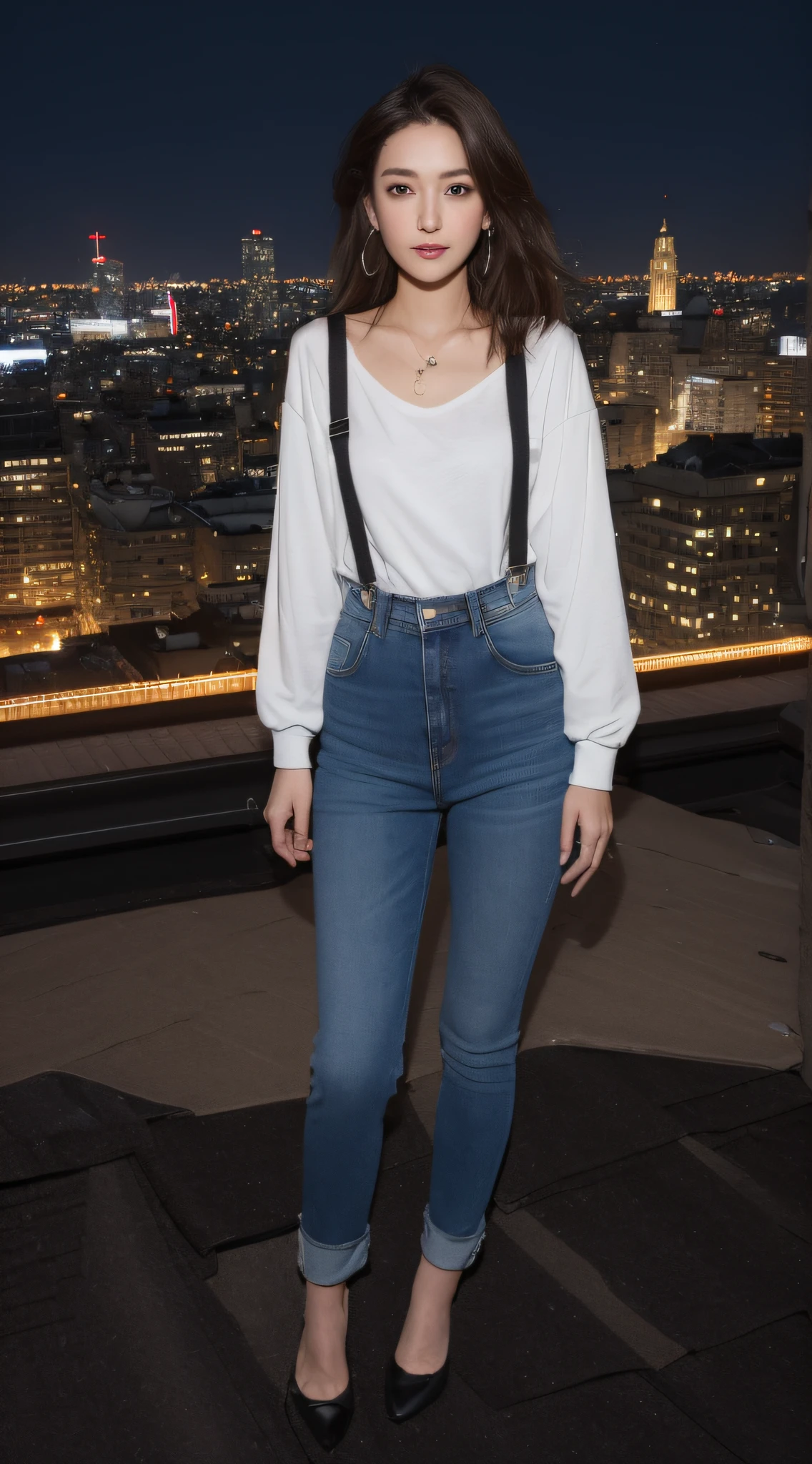 (midynight, Need, 8k, tmasterpiece:1.3)), full bodyesbian, Long legs, Focalors:1.2, perfect figure beautiful woman:1.4, Slim abs:1.1, ((Dark brown hair, mediuml breasts:1.2 )), (white tight t-shirt, Denim suspenders, standing on your feet:1.2), ((city night scene, the roof:1.3)), Highly detailed facial and skin texture, A detailed eye, 二重まぶた