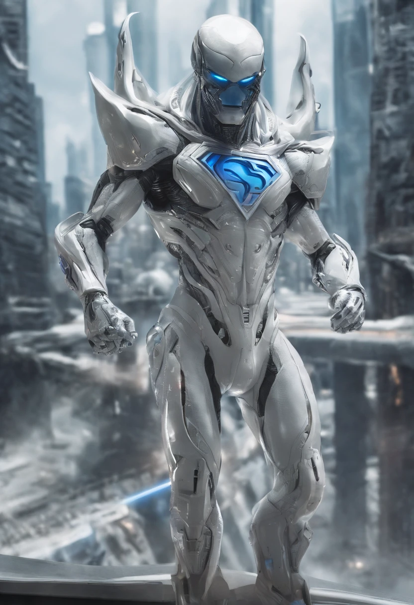 Superman，White armor，Full body photo，Laser eye，high - tech，Laser laser，Delicate picture