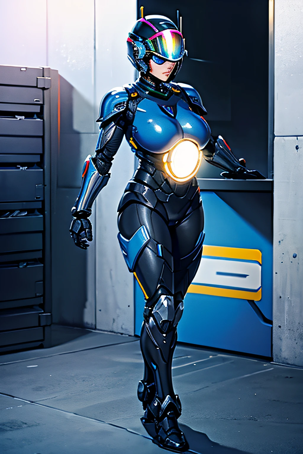 Arafe Female Robocop、Big breasts about to burst、full body armored、Rainbow Armor、Helmet with visor to cover the eye area、Pose ready to fight