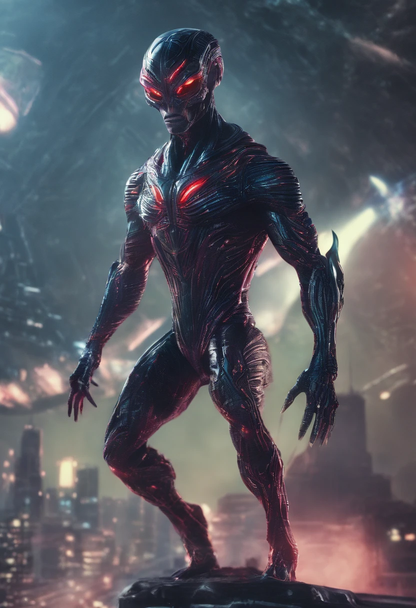 Alien possessed Superman，Full body photo，high - tech，Laser laser，Delicate picture