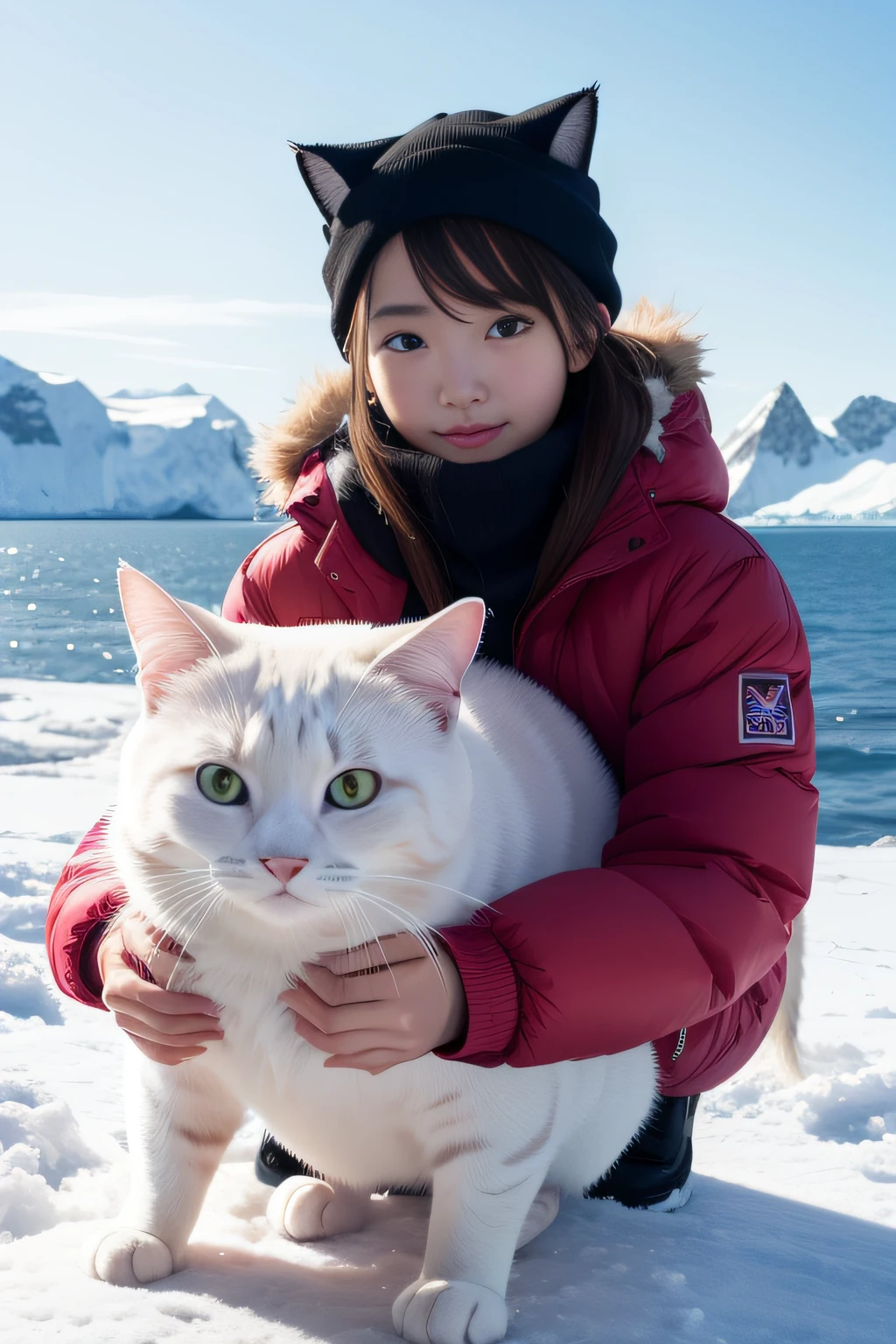 best qualtiy、masutepiece、超A high resolution、(Photorealistic:1.4)、infp young woman、modeled、small head、long legged、Colossal tits、the perfect body、By Michelangelo、ulzzang -6500-v1.1、Antarctica in winter、Frozen sea、Ice-only background、It snows a lot、Cat sledding、Many cats、warm clothes