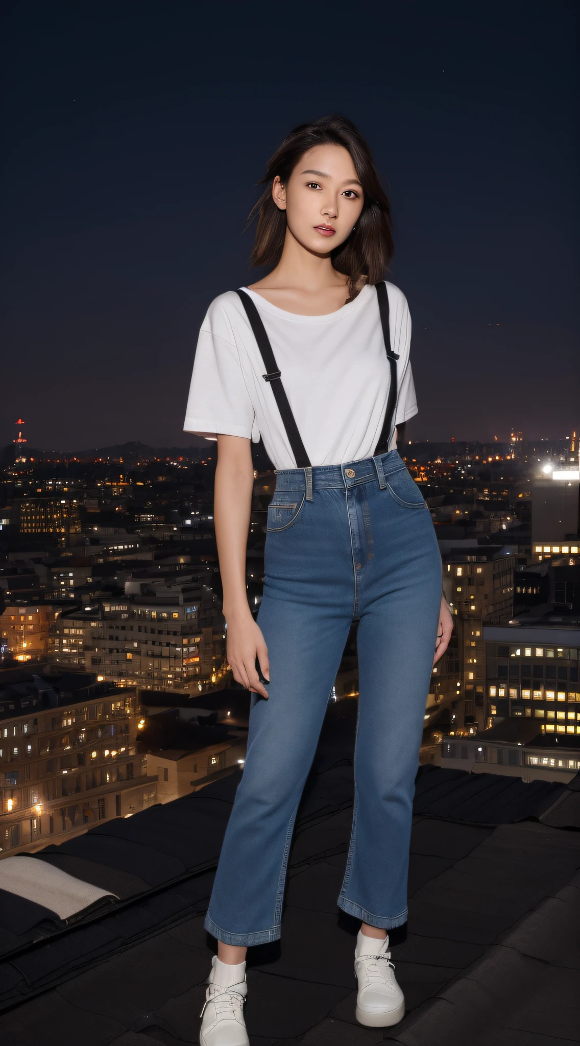 natta, Need, 8k, tmasterpiece:1.3)), full bodyesbian, Long legs, Focalors:1.2, perfect figure beautiful woman:1.4, Slim abs:1.1, ((Dark brown hair, mediuml breasts:1.2 )), (white tight t-shirt, Denim suspenders, standing on your feet:1.2), ((city night scene, the roof:1.3)), Highly detailed facial and skin texture, A detailed eye, 二重まぶた
