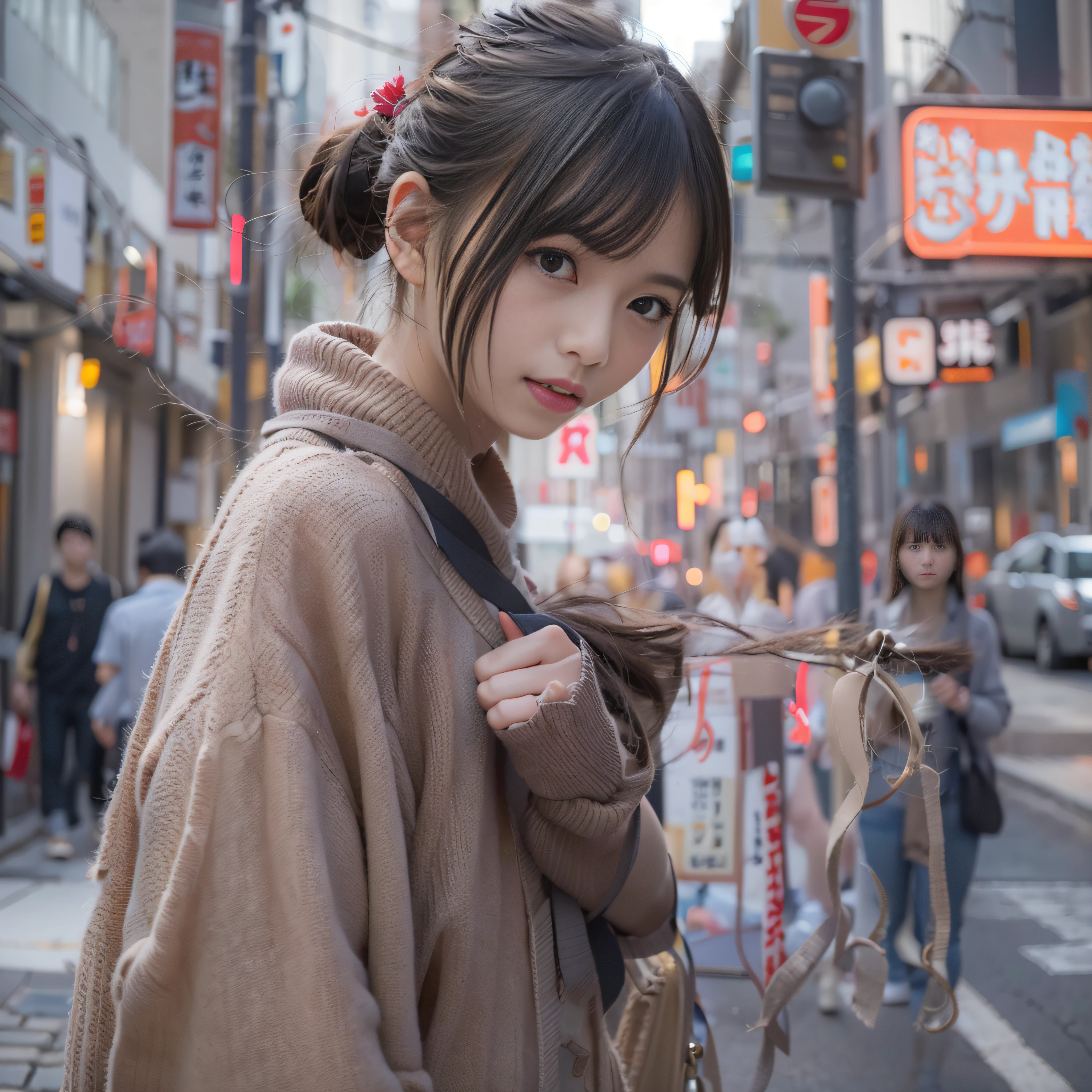 1人、on tokyo street、A city scape、The upper part of the body、a closeup、A smile、、(8K、Raw photography、top-quality、masterpiece:1.2)、(realisitic、photoRealstic:1.37)、Highly detailed eyelash drawing、(((Top image quality))),Colossal tits、Fine skin, (Beautiful hair), (Perfect Anatomy), (Realistic), (Dynamic Angle), Pose Seductive,Perfect,Sensual look、top-quality、hight resolution、