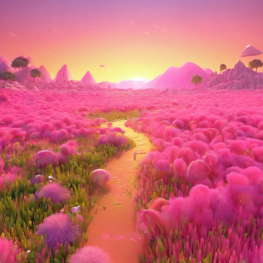 grass field、Pink World、cute little、pink sky、Pink steppe、rainbows