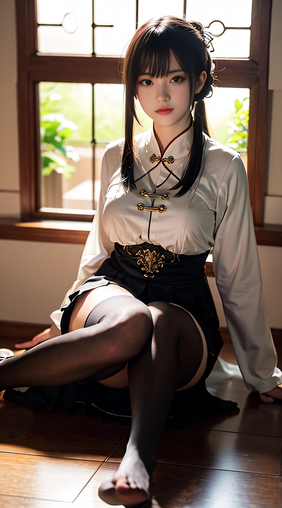 masterpiece, best quality, professional lighting, detailed lighting, photon mapping, radiosity, physically-based rendering, depth of field, natural lighting, hard focus, detailed shadow,film grain, 1 girl , chinese-girl-v1.0, sitting, full body, black thighhighs, black legwear,