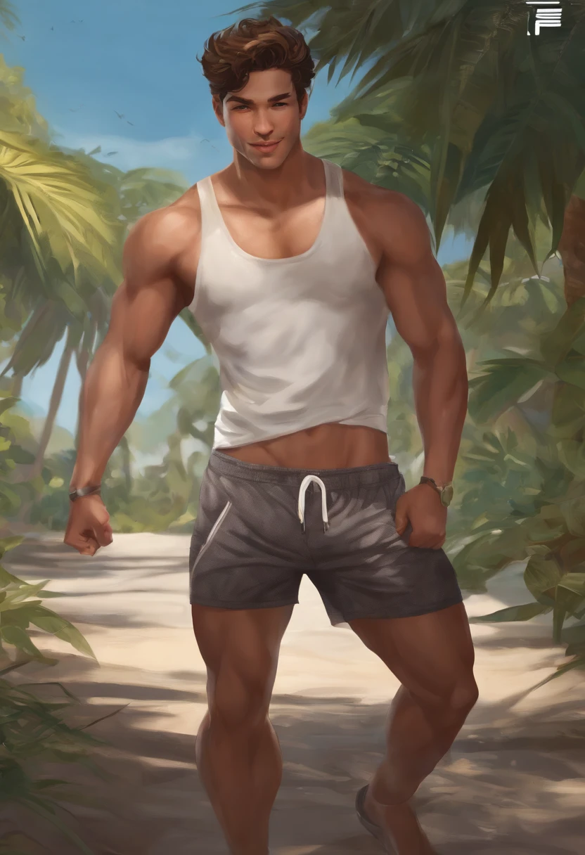 (high high quality, A high resolution, showing belly, Official artwork), Ultra-detailed, vibrant, Highly detailed, Uplifting, Short hair, brunette color hair, Handsome man,- Define ABS, Brown skin, Charming smile, Muscular, Broad shoulders and waist, Shirtless, Adidas shorts, With his eyes closed,Peaceful smile, Exposed legs, Leg hair, lies on the ground, full bodyesbian, Aerial view of the satellite