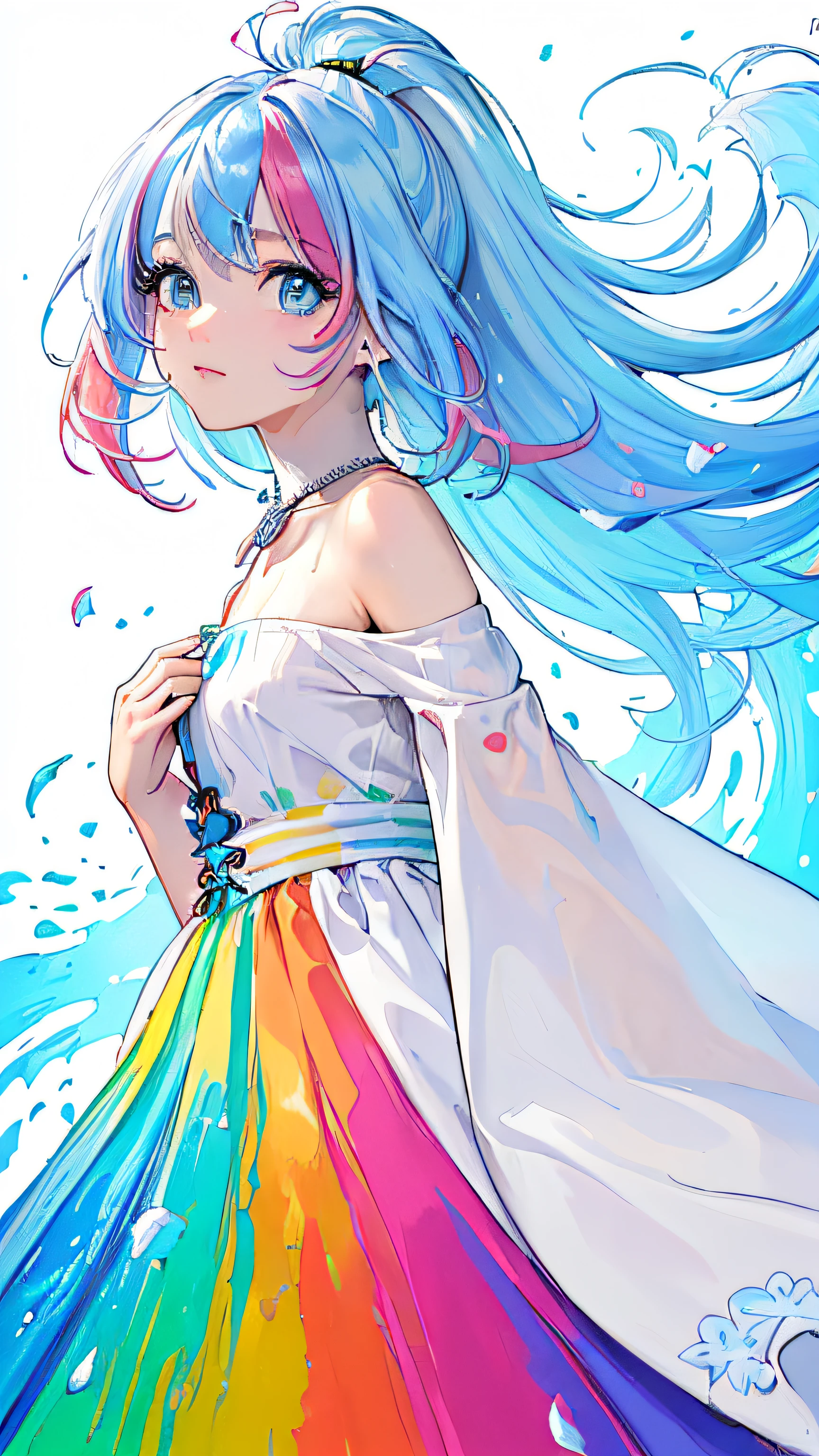 （Pink Fashion T-shirt：1.9），(Colorful hair: 1.8), (all the colours of the rainbow: 1.8),(((((vertical painting：1.6))), （painting：1.6），front, comics, illustrations, paintings, large eyes, crystal clear eyes,（ rainbow color gradient high ponytail：1.7）, exquisite makeup, closed mouth,(Small Fresh: 1.5),(Wipe Chest: 1.6) ，long eyelashes, white off shoulder T-shirt,  White Shoulder Shirt，looking at the audience, large watery eyes, (rainbow colored hair：1.6), color splash, （solo：1.8）, color splash, color explosion, thick paint style, messy lines, ((shining))，(colorful), (colorful), (colorful), colorful, Thick Paint Style, (Splash) (Color Splash), Vertical Painting, Upper Body, Paint Splash, Acrylic Pigment, Gradient, Paint, Highest Image Quality, Highest Quality, Masterpiece, Solo, Depth of Field, Face Paint,  colorful clothes, (Elegant: 1.2), gorgeous,long hair, wind, (Elegant: 1.3), (Petals: 1.4)，(((masterpiece))),(((best quality))),((ultra-detailed)),(illustration),(dynamic angle),((floating)),(paint),((disheveled hair)),(solo),(1girl) , (((detailed anima face))),((beautiful detailed face)),collar,bare shoulders,white hair, ((colorful hair)),((streaked hair)),beautiful detailed eyes,(Gradient color eyes),(((colorful eyes))),(((colorful background))),(((high saturation))),(((surrounded by colorful splashes))),