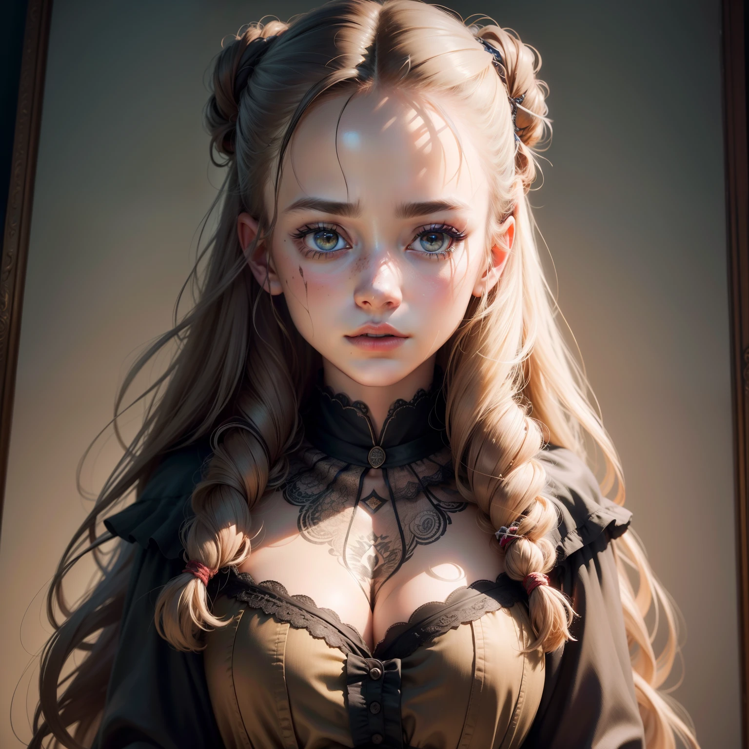 (RAW photo, Best quality), (Realistic, photograph realistic: 1.3), Best quality, Highly detailed, Masterpiece, hyper-detailing, illustration, 1 girl, Forehead with Painting, The upper part of the body_Body, Dynamic Angle, world masterpiece theater, Messy_Long_Hair, Best quality, Extremely detailed CG unified 8K wallpaper, ink, Amazing