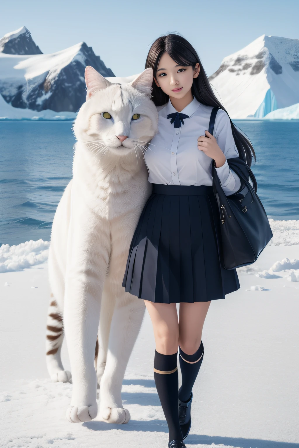 best qualtiy、masutepiece、超A high resolution、(Photorealistic:1.4)、infp young woman、modeled、small head、long legged、Colossal tits、the perfect body、By Michelangelo、ulzzang -6500-v1.1、Antarctica in winter、Frozen sea、Ice-only background、It snows a lot、Cat walking、Big cat、(Many big cats:1.2)、japanese hight school uniform