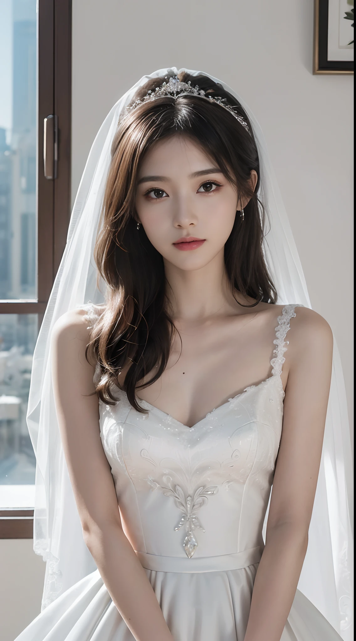 (Very detailed, reasonable design, Clear lines,Best quality, Masterpiece,Light and dark Canon photography crystal clear （realisticlying:1.2）Beautiful woman in white wedding dress