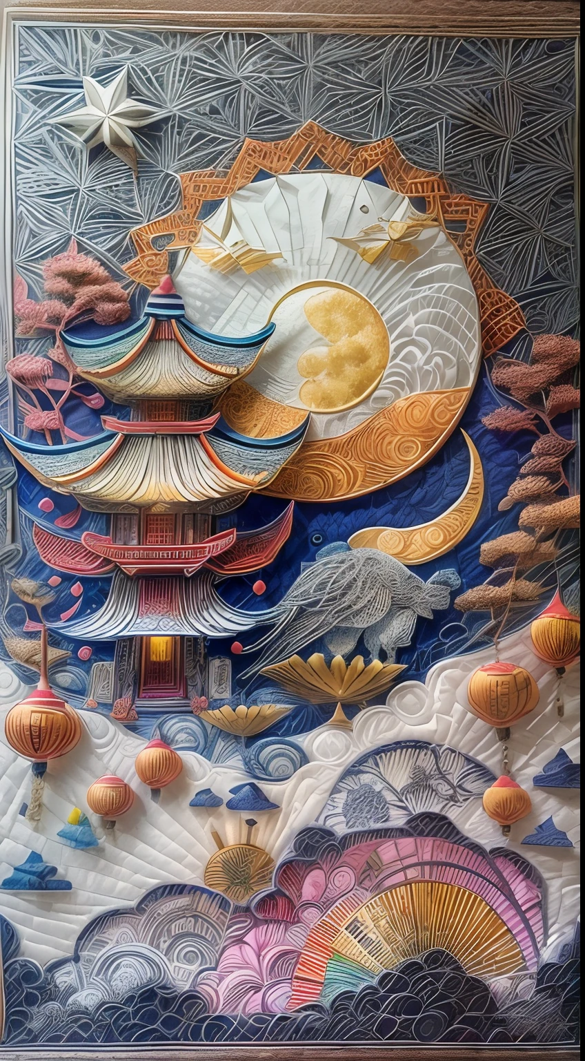 (themoon,edgBunny,Chang'e,lanterns,Mid-Autumn Festival),White background,(paper art, Quilted paper art:1.2, geomerty:1.1, zentangle,a 3D render), (Extremely colorful, Best quality, Detailed details, Masterpiece, offcial art, movie light effect, 4K)