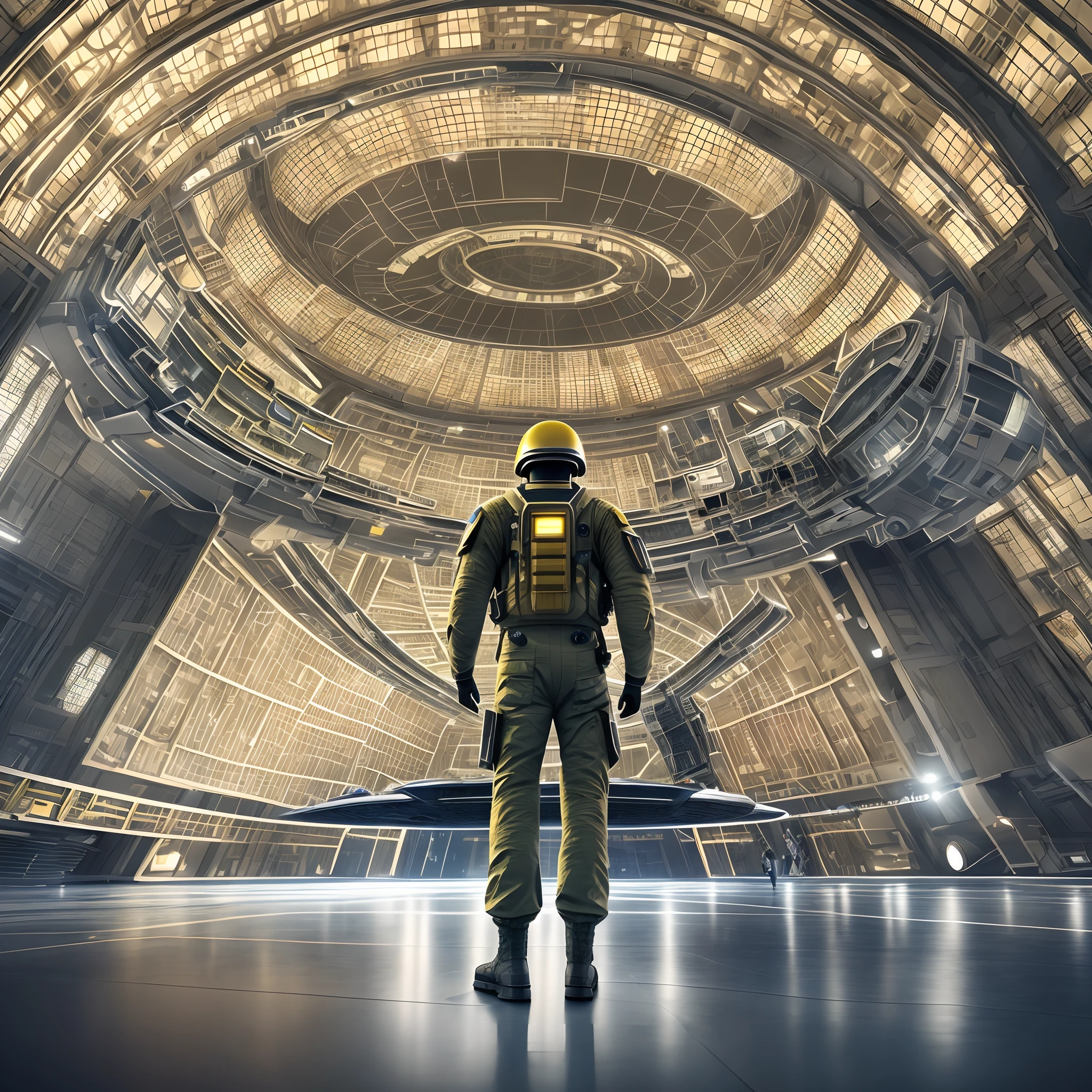 A man standing on the center of futuristic spaceship hangar, realistic, detailed, hd, cinematic, dramatic light, futuristic soldier uniform, dimlit, yellow light, parked spacecrafts, futuristi, 3:2 --auto --s2