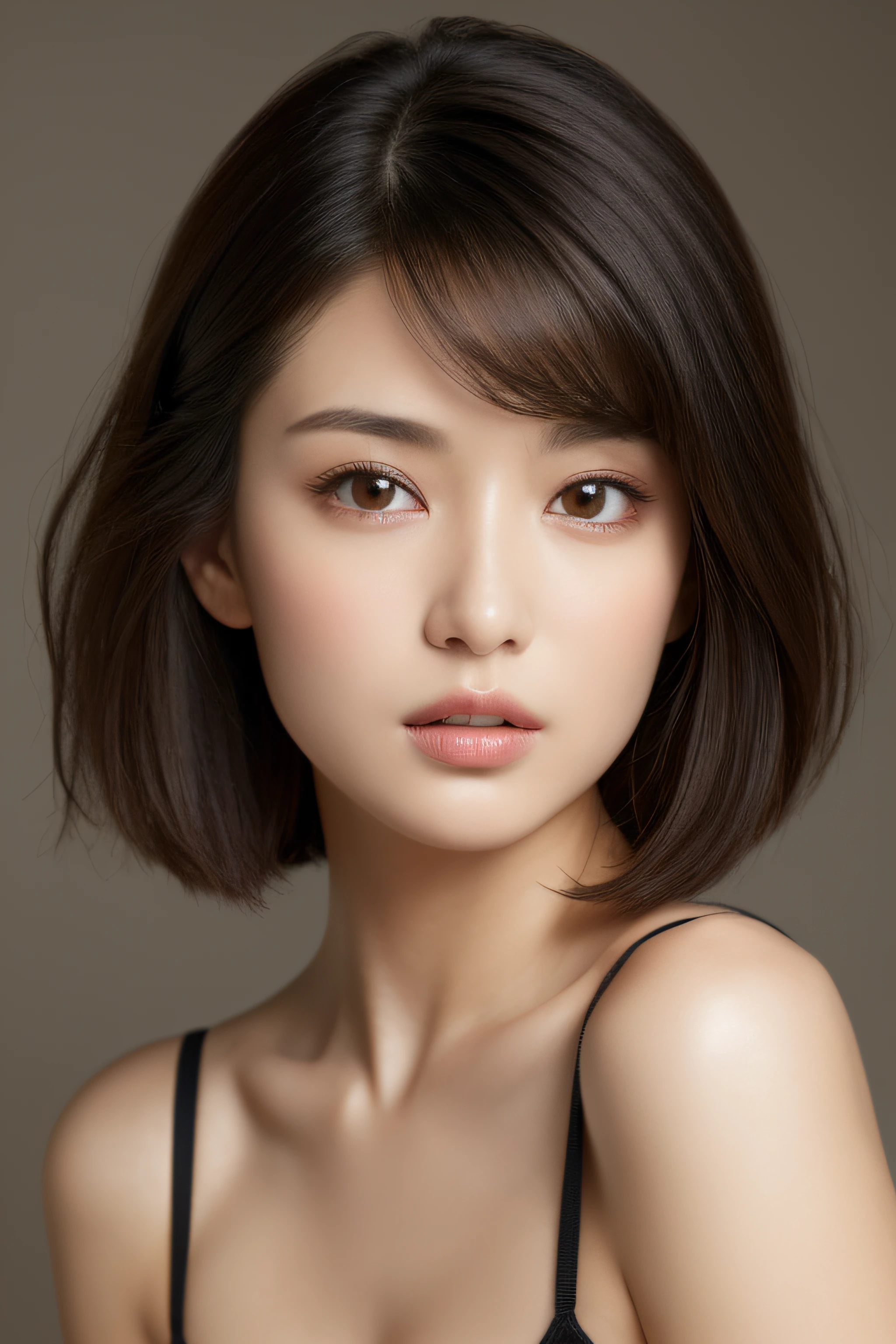 (masuter piece:1.3)、(8K、Photorealsitic、Raw photography、top-quality: 1.4)、(1girl in)、very beautiful face、very beautiful face、very beautiful face、(Very realistic face)、(A dark-haired、short-hair:1.3)、Very beautiful hairstyle、Very realistic eyes、Very beautiful details、（Very realistic skin）、Very beautiful skin、（Underwear）、absurderes、Very attractive、超A high resolution、A hyper-realistic、high-detail、the golden ratio、the golden ratio、the golden ratio、Beauty、Beauty、Beauty。