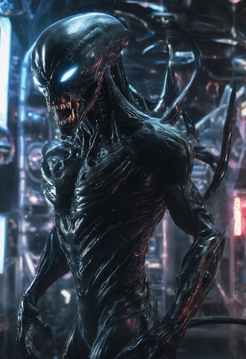 Venom possesses the alien，fully body pose，Liquid armor，high - tech，Laser laser，Delicate picture