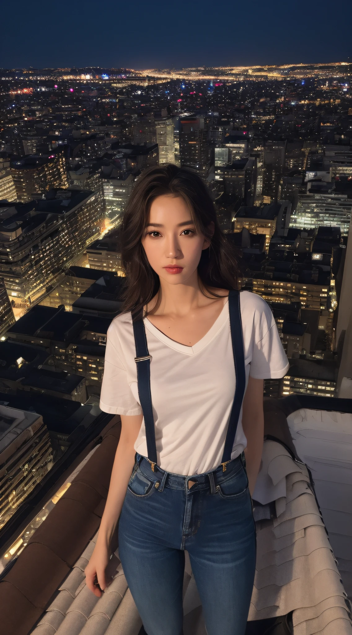 (midynight, Need, 8K, tmasterpiece:1.3)), full bodyesbian, Long legs, Focalors:1.2, perfect figure beautiful woman:1.4, Slim abs:1.1, ((Dark brown hair, mediuml breasts:1.2 )), (white tight t-shirt, Denim suspenders, standing on your feet:1.2), ((city night scene, the roof:1.3)), Highly detailed facial and skin texture, A detailed eye, 二重まぶた