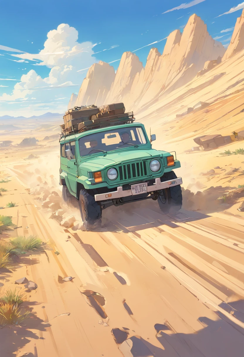 Driving an off-road vehicle，Land of nothingness，A lifeless desert land，with ruins，gold