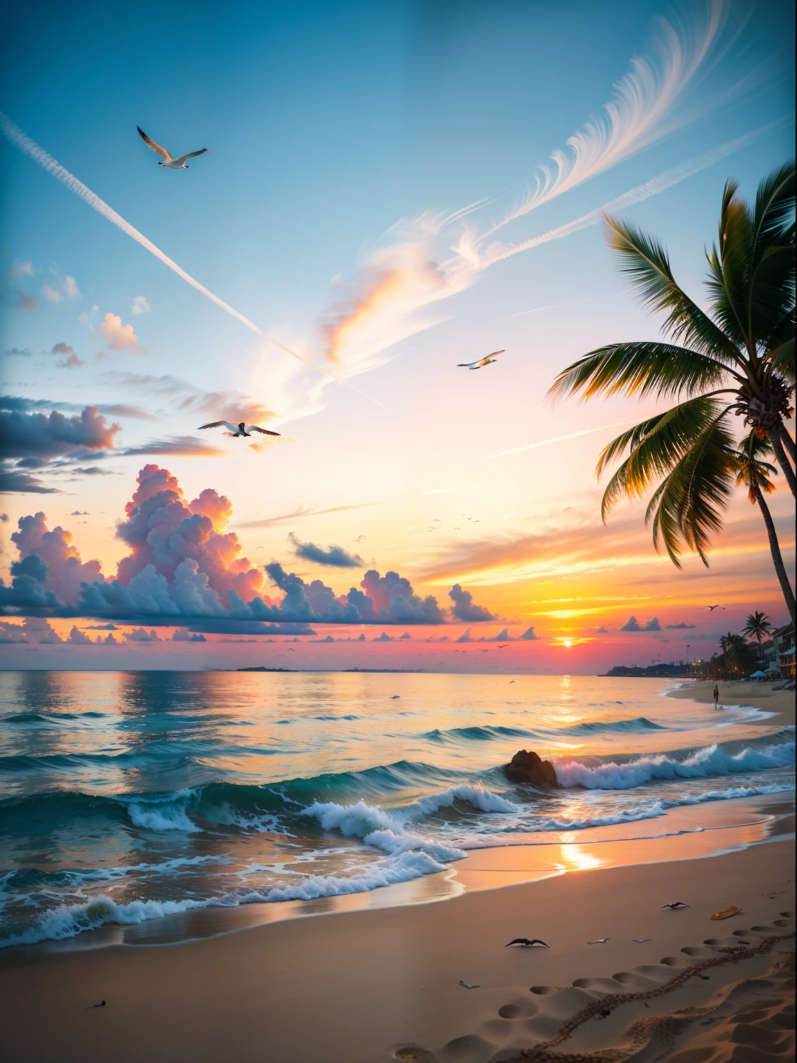 Oranges, pinks and yellows blend together to fill the sky, and the sunset over the beach is truly mesmerizing. The crystal clear waters gently kiss the coast, and the white sand beach stretches out endlessly. It's a dynamic and breathtaking scene with seagulls soaring high into the sky and palm trees gently swaying. Take in the calm atmosphere and peace will wash you away.