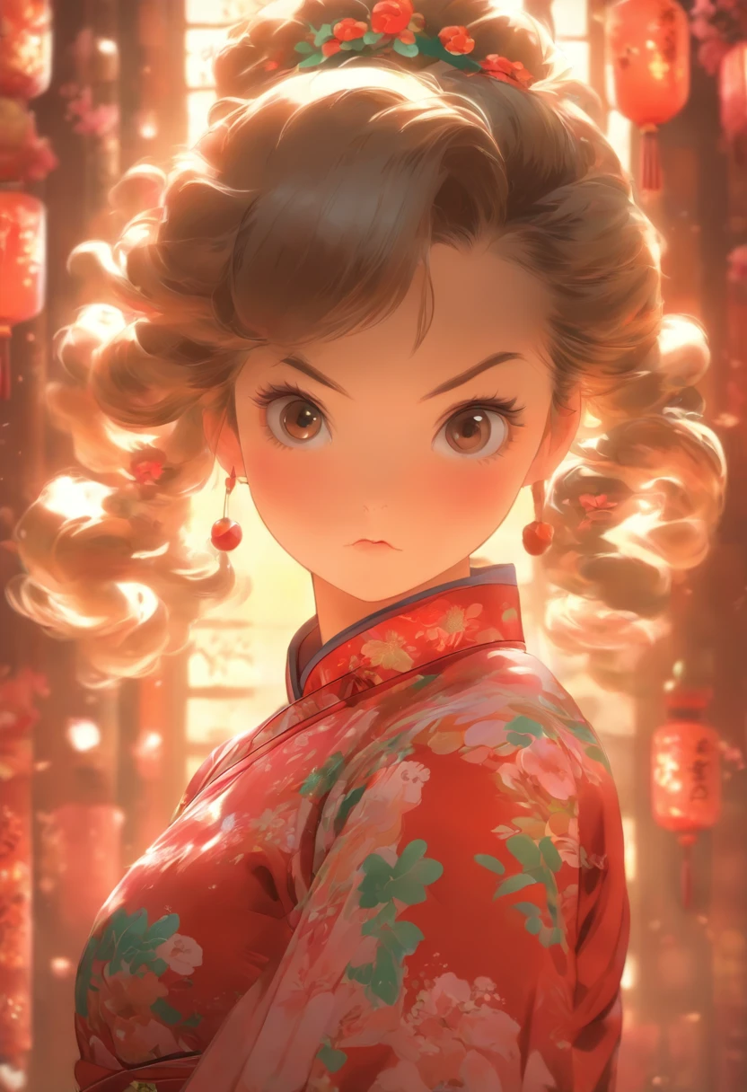A little girl，Hold your arms，Frowning，Staring at you angrily，Pouting angrily，Floral half-sleeved cheongsam，Cute fat girl，a ball head