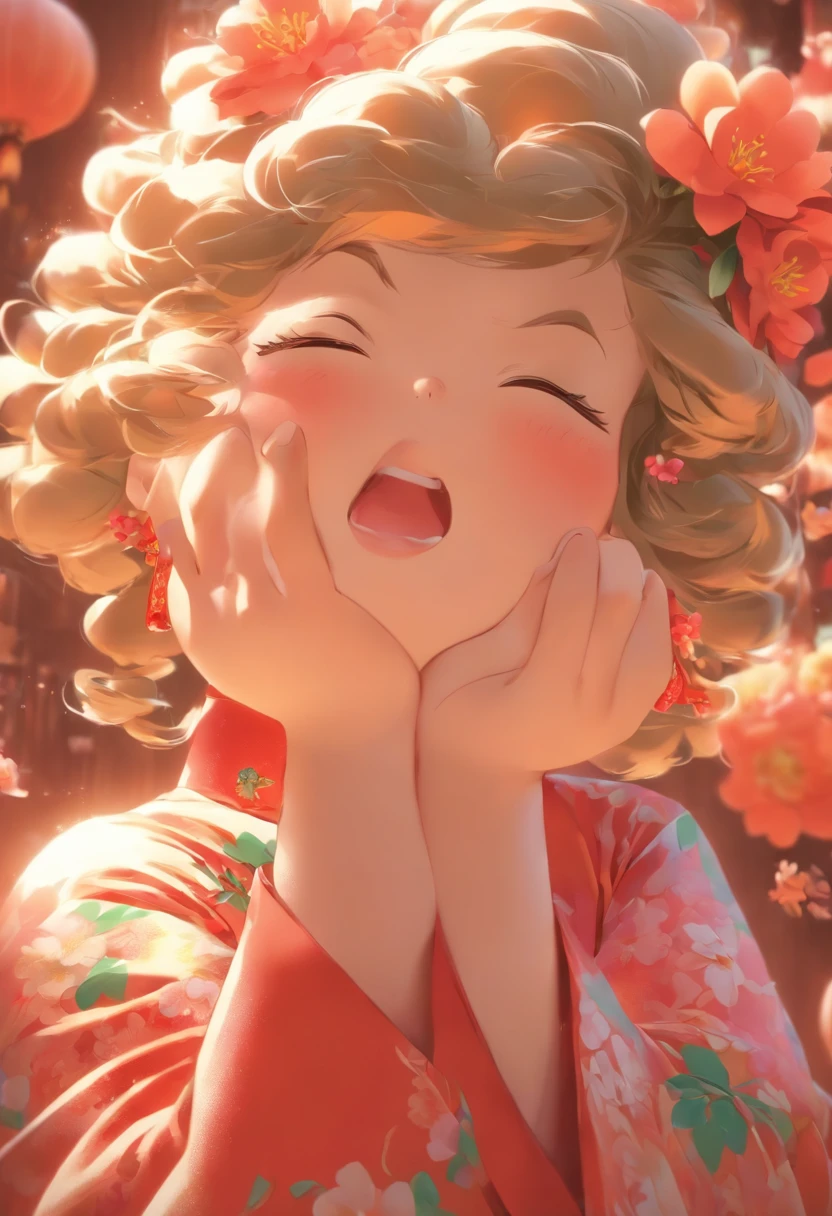 A little girl,Hold your arms,Frowning,Staring at you angrily,Pouting angrily,Floral half-sleeved cheongsam,Cute fat girl,a ball head