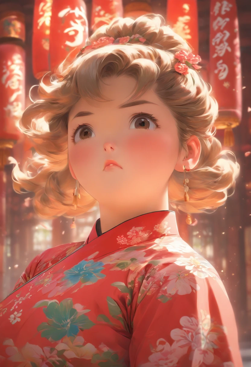 A ,Hold your arms,Frowning,Staring at you angrily,Pouting angrily,Floral half-sleeved cheongsam,Cute fat girl,a ball head