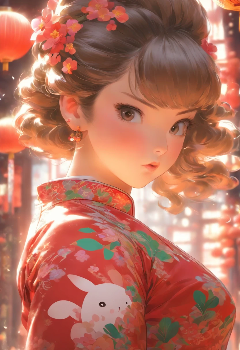A ,Hold your arms,Frowning,Staring at you angrily,Pouting angrily,Floral half-sleeved cheongsam,Cute fat girl,a ball head