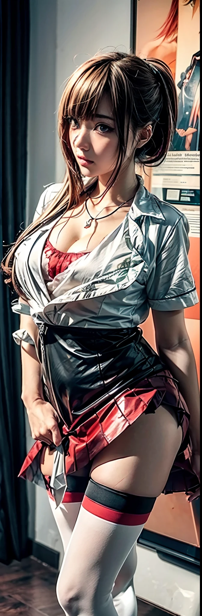 (Best quality, Ultra-detailed, Photorealistic:1.37), 3D anime style girl with green wavy curls, A girl with beautiful and delicate facial features and long eyelashes, Intense red eyes that reflect light, lusciouslips, Multi-colored crystal necklace, Black school uniform with short skirt, Clear black border thigh stockings, Perfect figure, full body shot of, Shot in ultra-wide angle anime style photography.