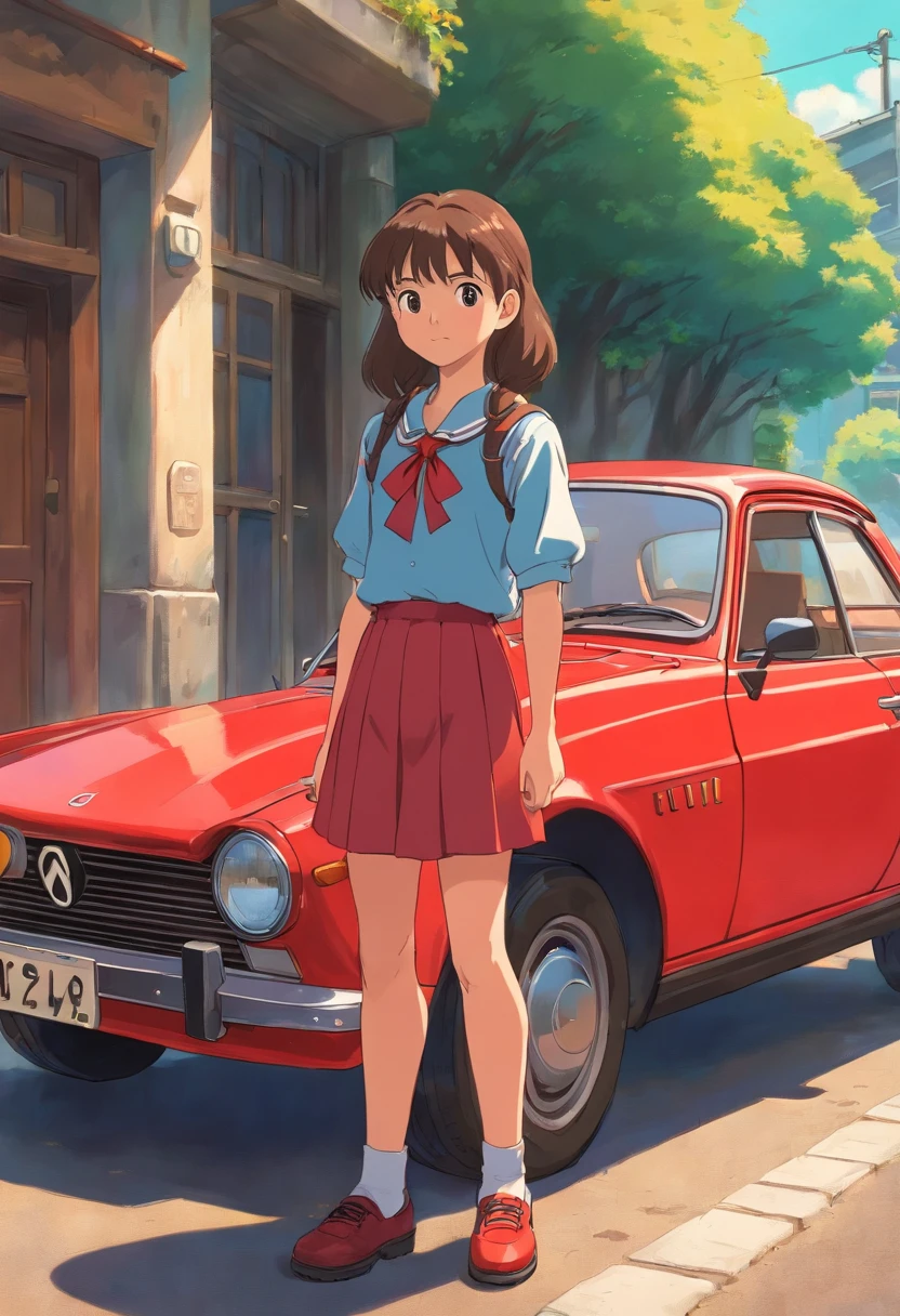 Teen schoolgirl standing next to a red car, 80s era