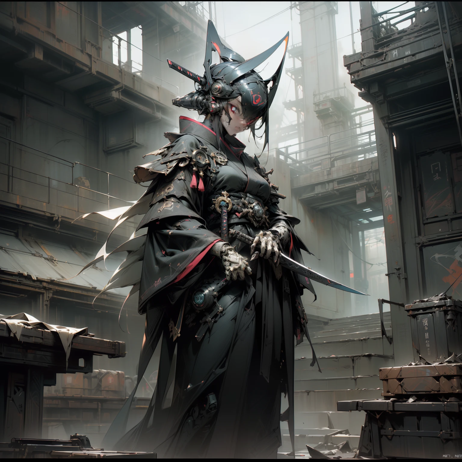 (masterpiece、top-quality、top-quality、Official art、Beautifully Aesthetic:1.2)、(1girl in)、ighly detailed、(Fractal Art:1.3)、colourfull、Best Detail Future City, Cyberpunk, Violence, decadence, Future Society, Ocean Sea Artbot (((Best Quality))), ((masutepiece)) Full body, Femme Fatale Cyborg Assassin, (((With countless swords))) With black glossy futuristic mask, Dark grey metal body armor, Wear ((Traditional black kimono, Neofuturistic visual aesthetics, ((Perfect robotic eyes)) ((perfect symmetry)), Perfect face, Perfect body, Detailed white ink body art, dark palette, Black Neon Tips, Neo-Noir Japanese, Colorful tag graffiti on metal body frame and helmet, Dark Neo Noir Cyber, The composition is dark & A future with a retro 80s retro twist & Visual aesthetics of synthwave, Sci-fi horror, Dark sci-fi horror overtones, Dark apocalyptic building dark ominous clouds, Dystopian atmosphere, Dash's (Dark pulp surrealism), Undeservedly beautiful, cgsociety, Low fidelity dark grunge core, neon noire, Apocalypse Art, Dystopian Art, Sabatier Filter, Cinematic lighting, dieselpunk, Black ink splatters and oil grunge, enigmatic, Forbidden art, Perfect composition, Fits within the frame, Strangely ominous, Nightmare fuel, Intricate details,Neon Horror St....3D Unreal Engine Rendering, A dark story is unfolding, Close up portrait of a person with sword and armor, very beautiful cyberpunk samurai, ArtGerm Craig Mullins, craig mullins style, Craig Mullins Necro, epic sci-fi character art, epic sci - fi character art, from arknights, epic sci-fi character art, wlop and krenz cushart, krenz cushart and wenjun lin