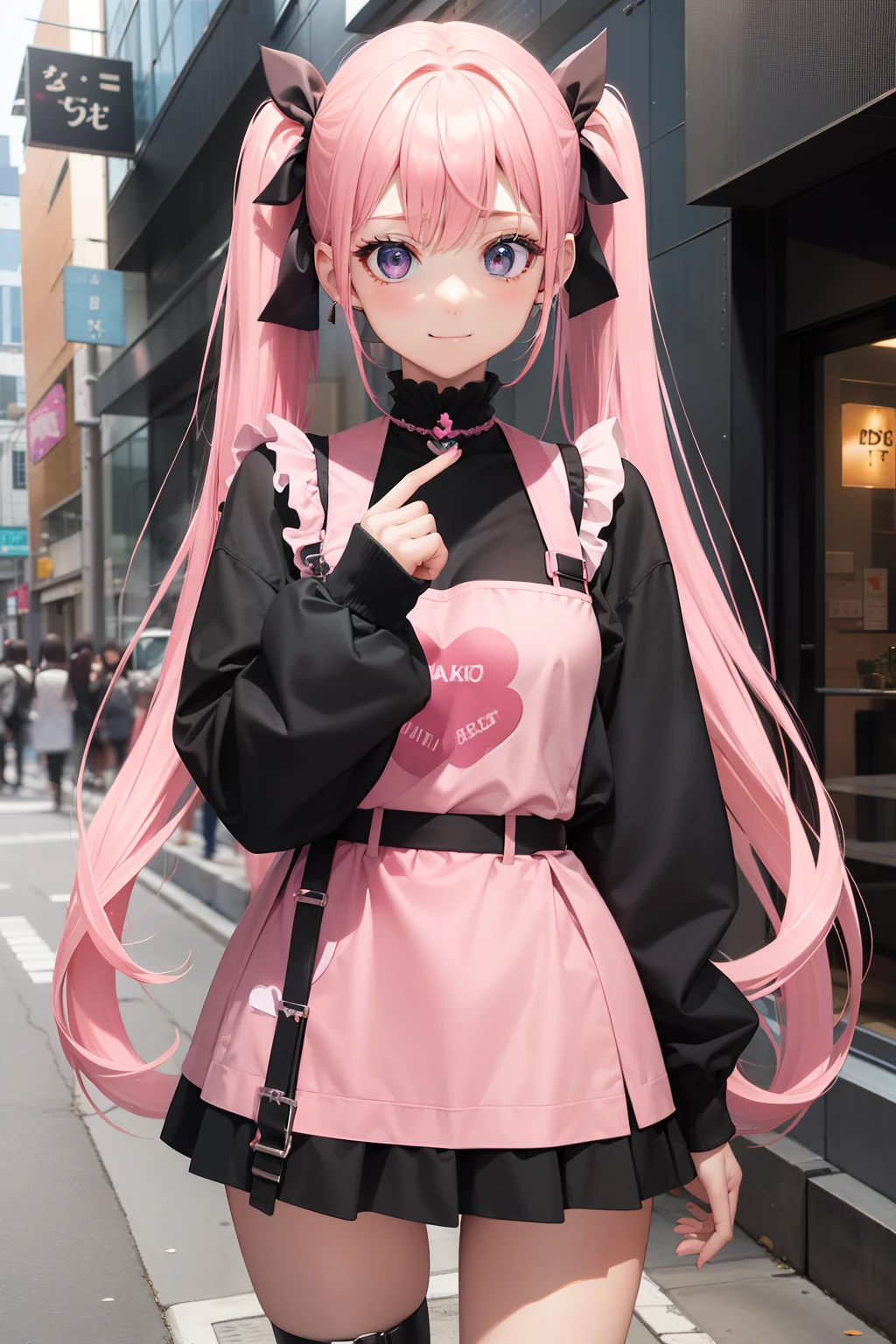 full body Esbian, masutepiece: 1.2, Highest Quality), (Live-action, elaborate details), (1 Lady, Solo, Upper body,) Clothing: Edgy, Black long jumper, pink miniskirt, long hair with pink twin tails,,,,,,,,,、Avant-garde, Experimental appearance: Long pink twin tail hair 、Heart-shaped choker、The location: bustling city、Solo, Nice smile、Value Creation in Mixed Media Art: individuality, authenticity, Creative expression