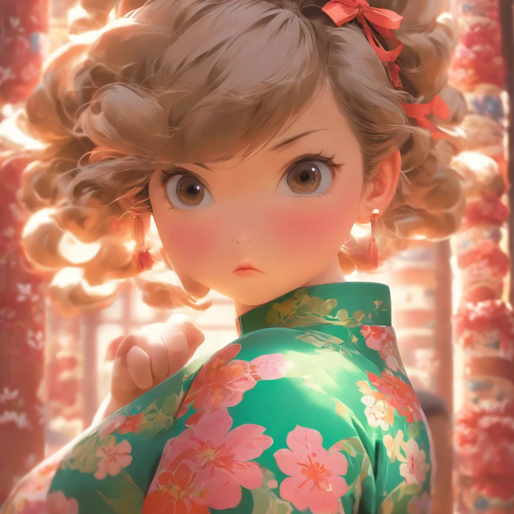 A little girl,Hold your arms,Frowning,Staring at you angrily,Pouting angrily,Floral half-sleeved cheongsam,Cute fat girl,a ball head