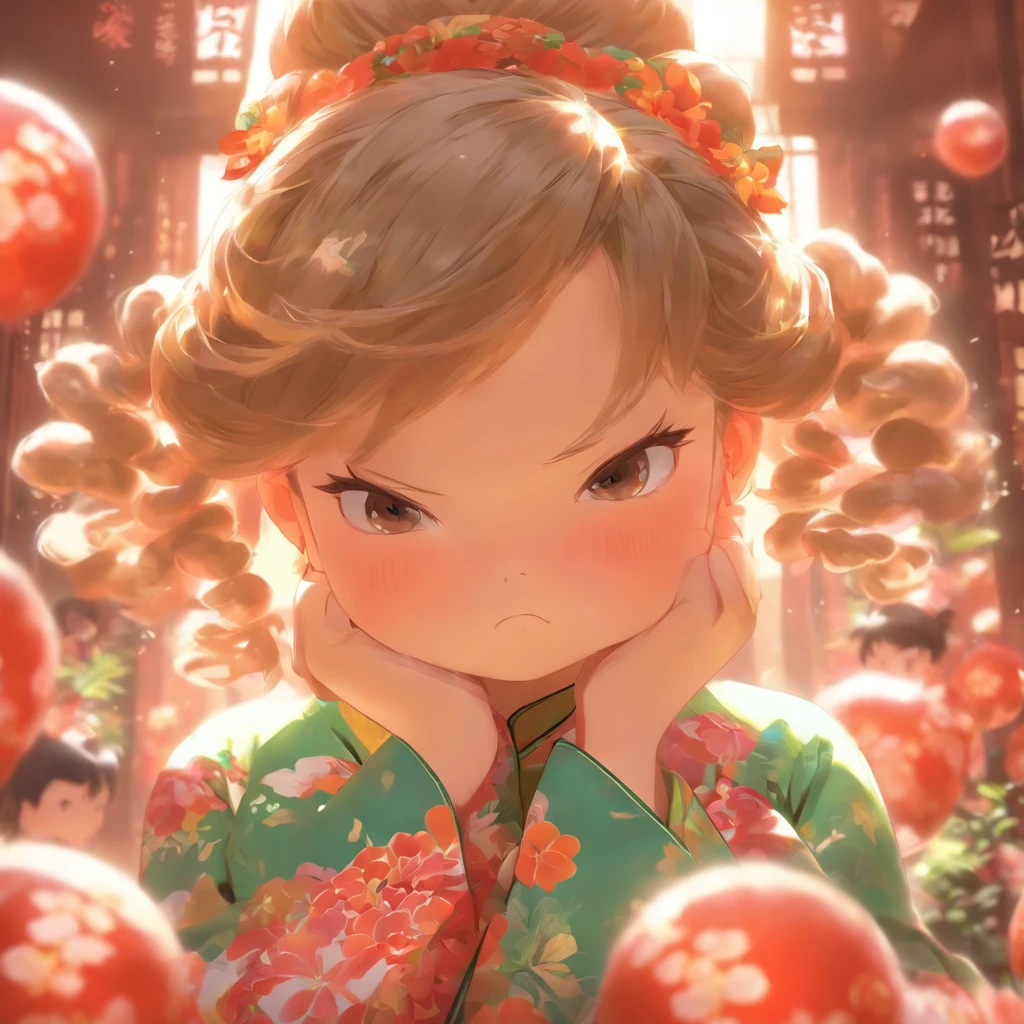 A little girl,Hold your arms,Frowning,Staring at you angrily,Pouting angrily,Floral half-sleeved cheongsam,Cute fat girl,a ball head