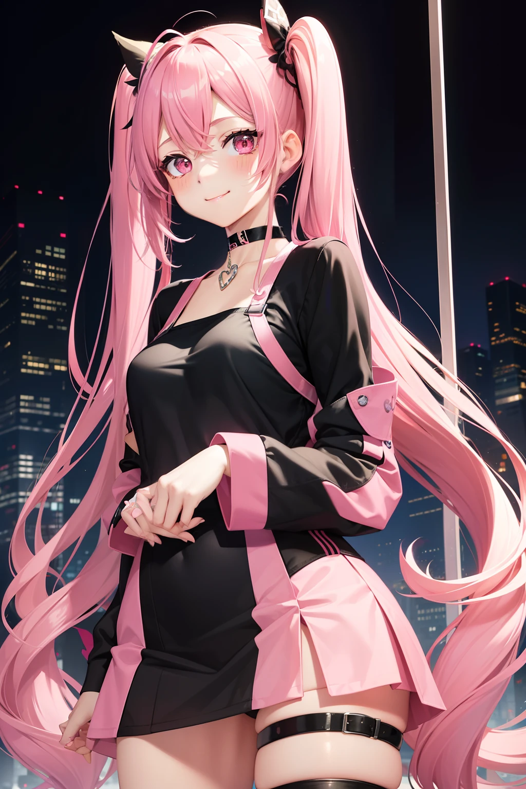 full body Esbian, masutepiece: 1.2, Highest Quality), (Live-action, elaborate details), (1 Lady, Solo, Upper body,) Clothing: Edgy, Black long jumper, pink miniskirt, long hair with pink twin tails,,,,,,,,,、Avant-garde, Experimental appearance: Long pink twin tail hair 、Heart-shaped choker、The location: bustling city、Solo, Nice smile、Value Creation in Mixed Media Art: individuality, authenticity, Creative expression