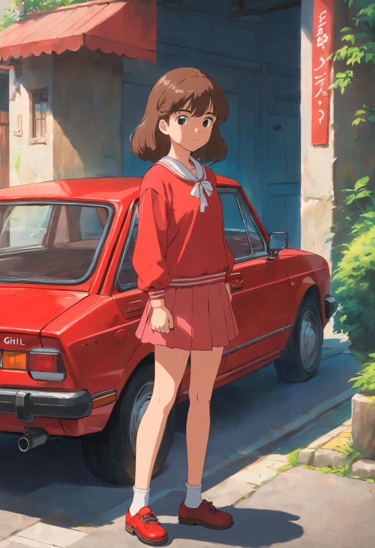 girl standing next to a red car, 80s era